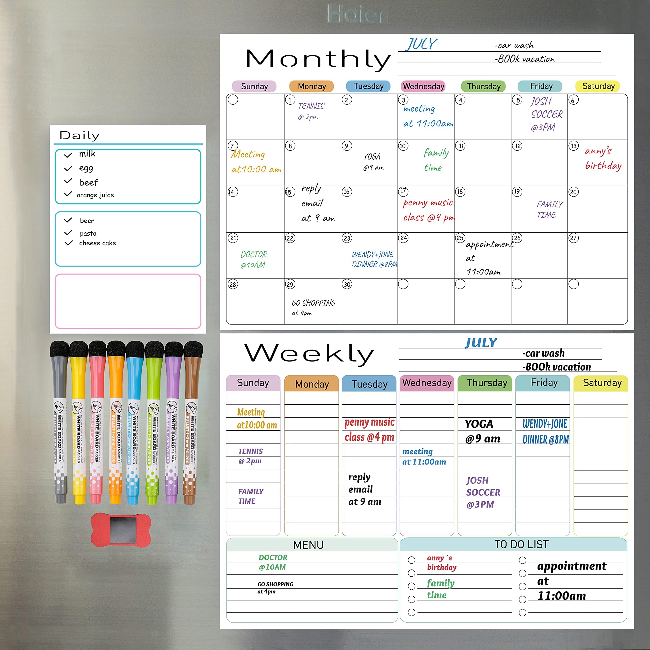 XMARKER Dry Erase Calendar Whiteboard. Set of 3 Magnetic Calendars for Refrigerator, Monthly, Weekly Organizer & Daily Notepad. Wall & Fridge Family Calendar. 8 Markers 1 Eraser