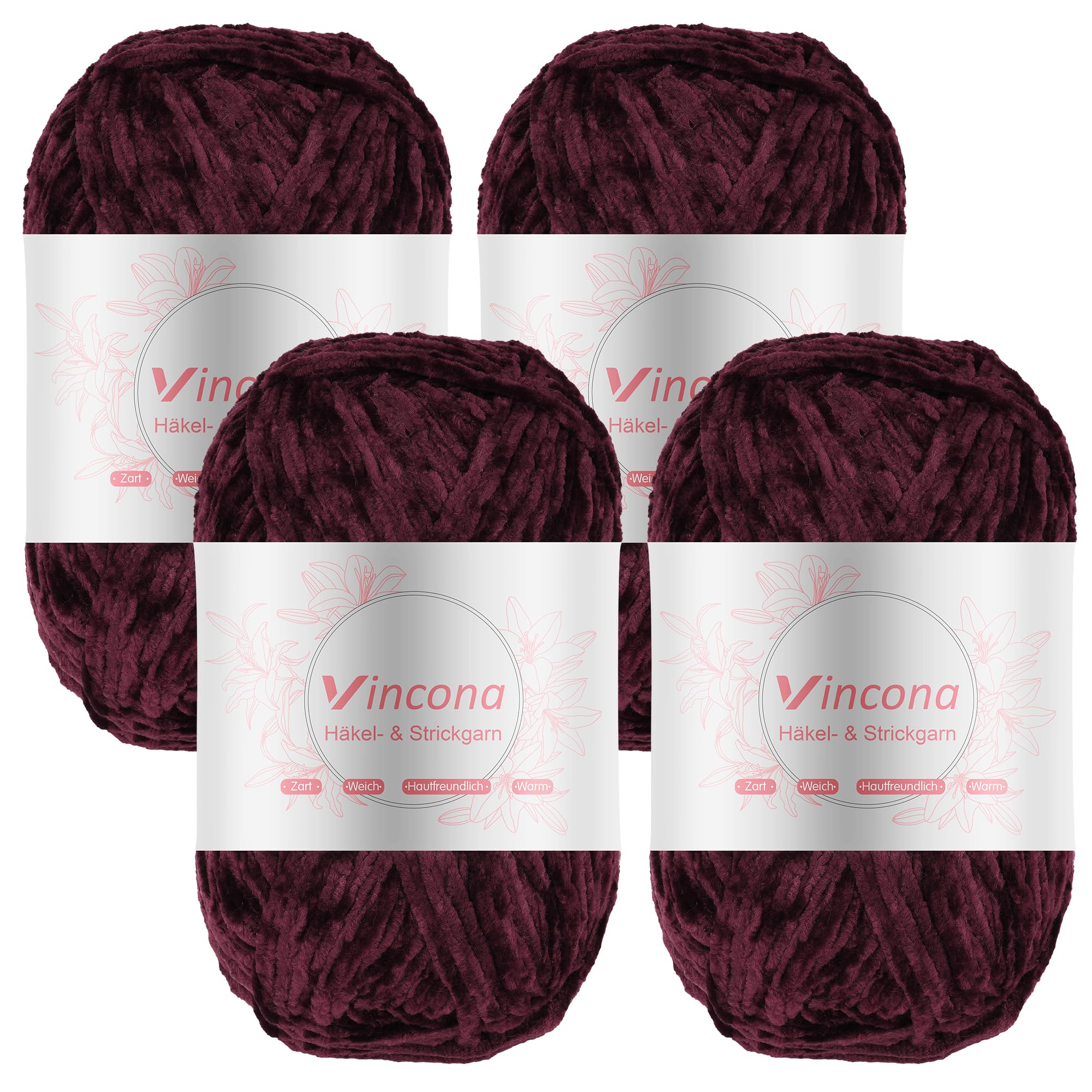 Vincona Chenille Yarn 4 x 100g Super Soft Chunky Yarn for Knitting and Crochet Yarn Clothes, Handbag, Shoes Hats Sweaters Blankets Scarves，DIY- Ideal for Beginners Adults Plum