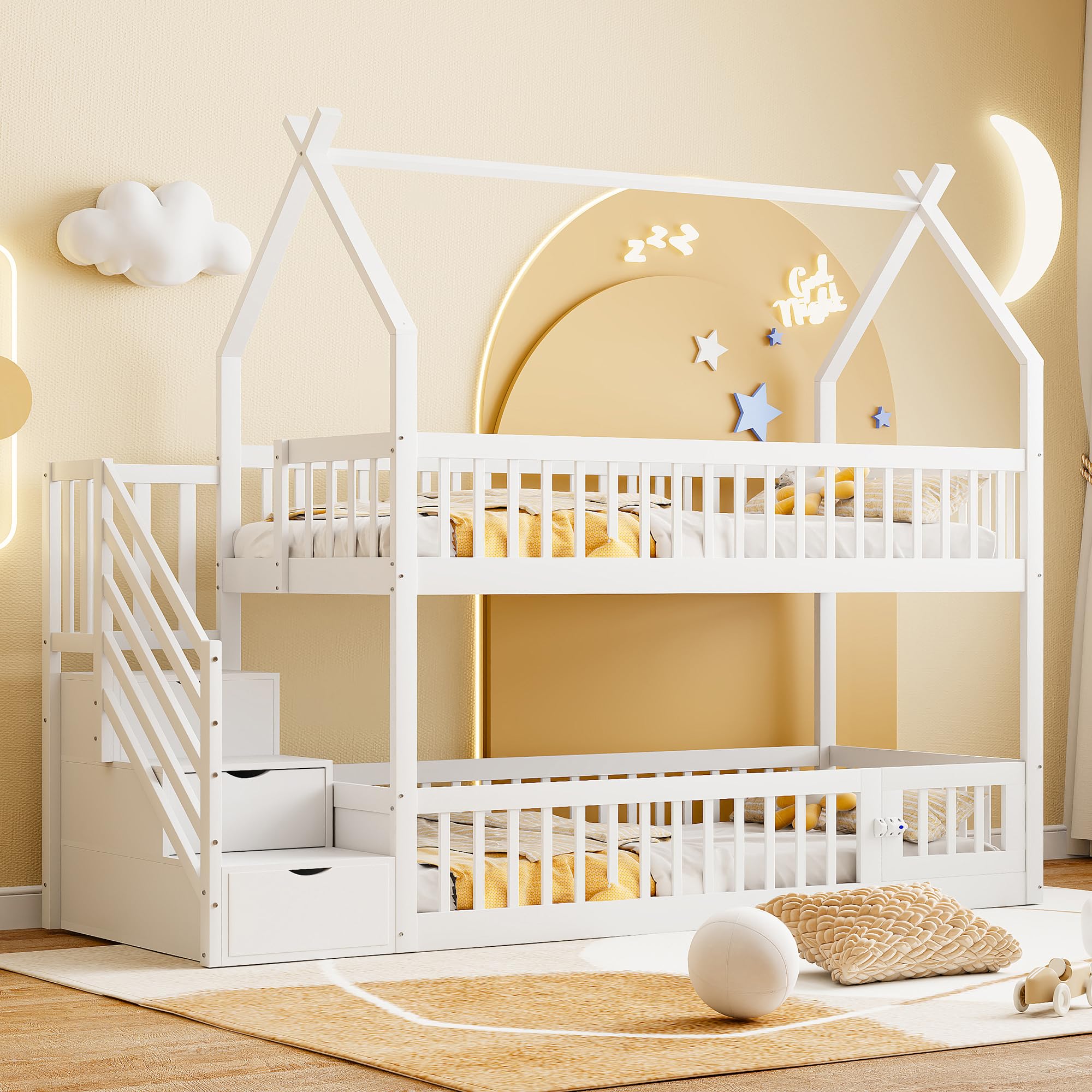 Etagenbett Kinderbett 90x200 cm mit Treppe und Stauraum, Hochbett Hausbett mit Rausfallschutz und Armlehne, Holzbett Bettgestell mit Lattenrost (Nur das obere Bett), Weiß, Ohne Matratze