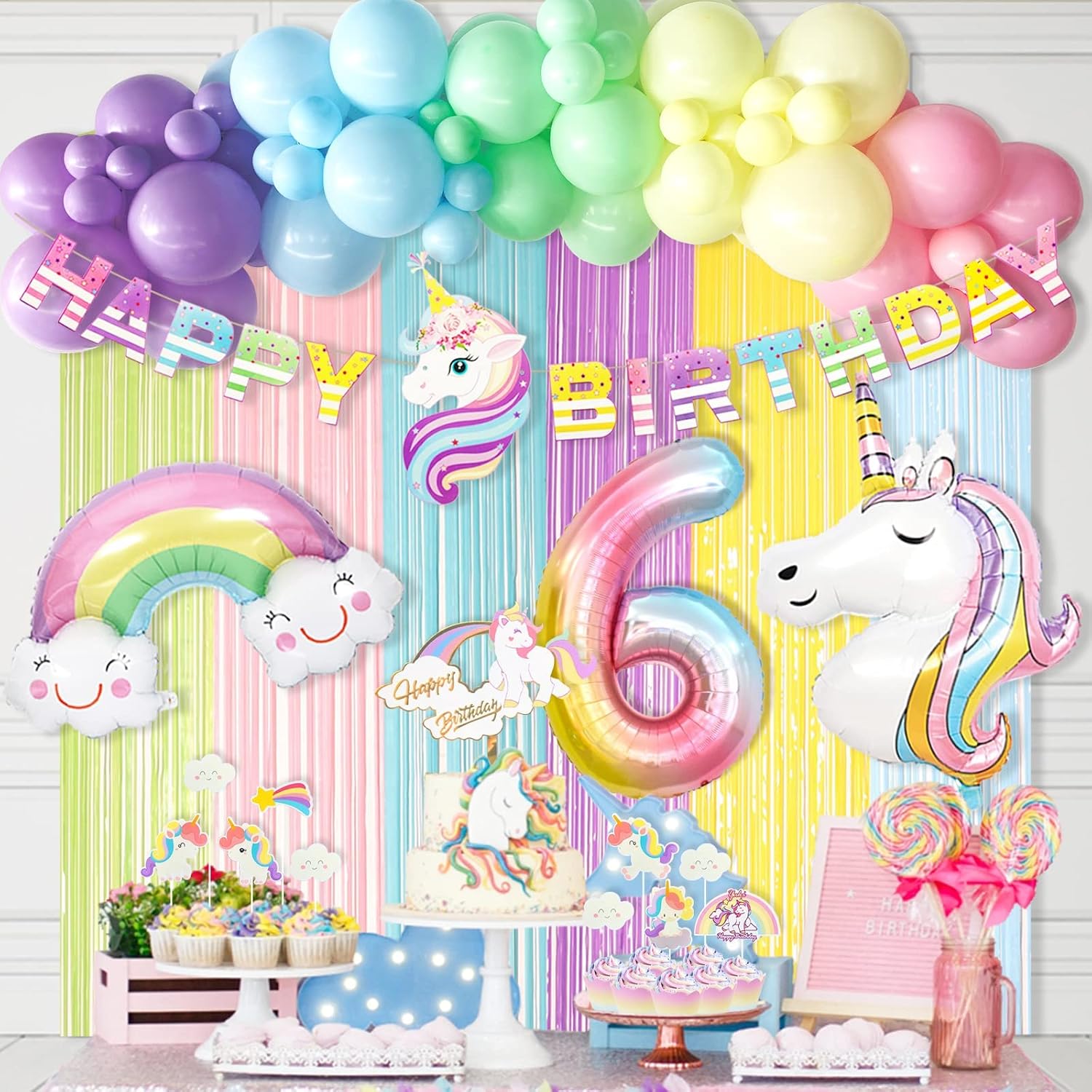 Unicorn 6th Birthday Party Decorations for Girls, Hombae sixth Birthday Party Supplies Kit, Rainbow Birthday Banner Balloons Garland, No.6 Foil Balloon, Macaron Tinsel Curtains