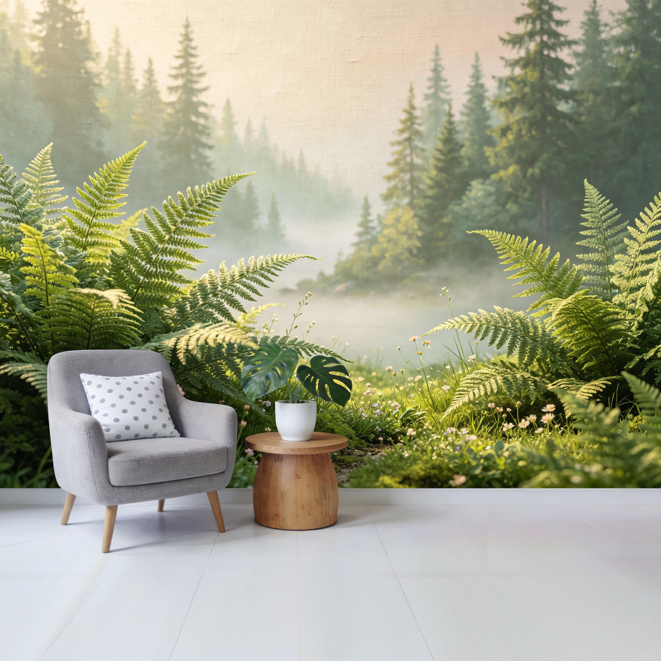 Qzlithotic Yq2605251177 Custom Size Wall Mural Misty Evergreen Forest Fern Plants Landscape Oil Painting Style Selfadhesive Wall Fabric Removable Wallpaper For Home Office Decor