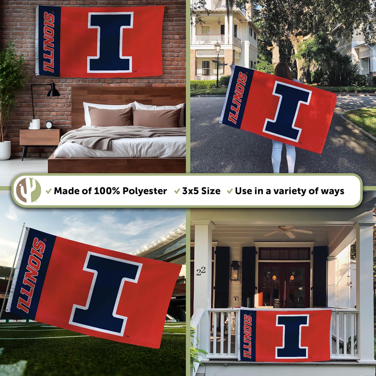 Desert Cactus University of Illinois UI Flag - 3 x 5 Feet Illini Banner, Indoor/Outdoor Durable Fabric, 100% Polyester Design (Style Y) - Image 3
