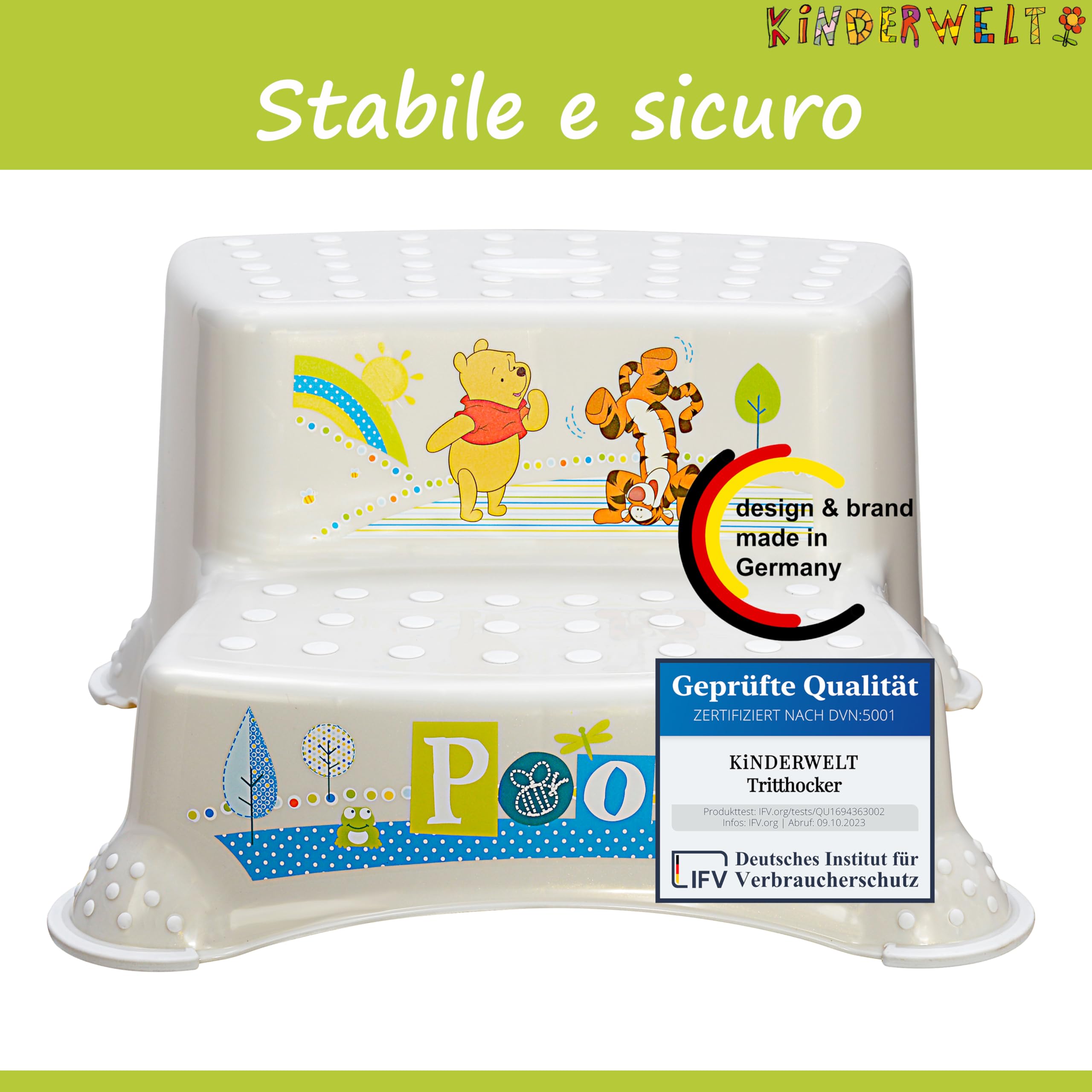 KINDERWELT bianco perla Premium sgabello a due gradini Disney Winnie the Pooh sgabello stabile per bambini con funzione antiscivolo bianco perla con grana unica piacevole effetto glitter individuale