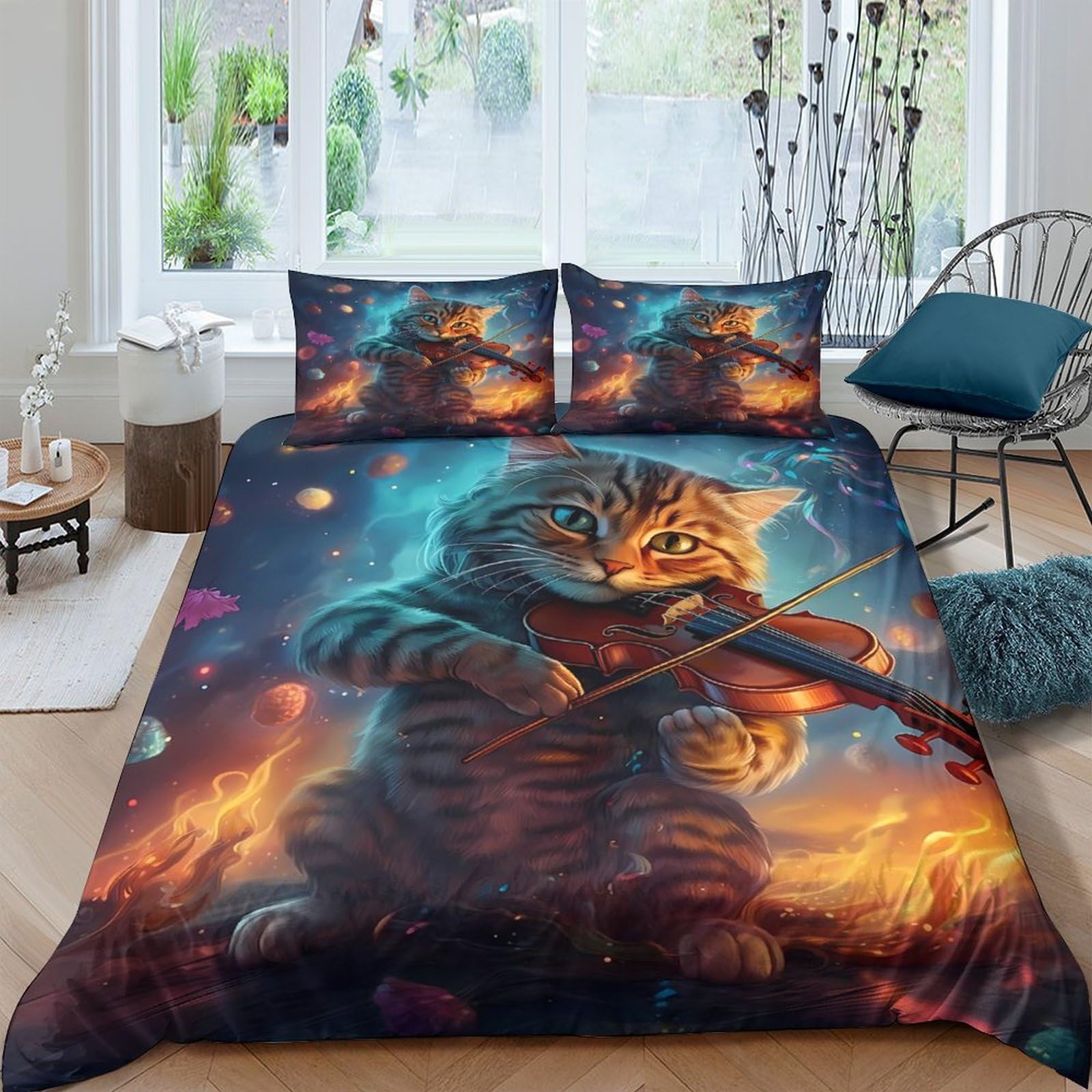 Ctjqhvkz Style-3 3D Printed Cat Playing Violin Fitted Sheet Microfiber Soft Breathable Fantasy Fire Mattress Cover For Bedroom Dorm Decor Single（135X200cm）