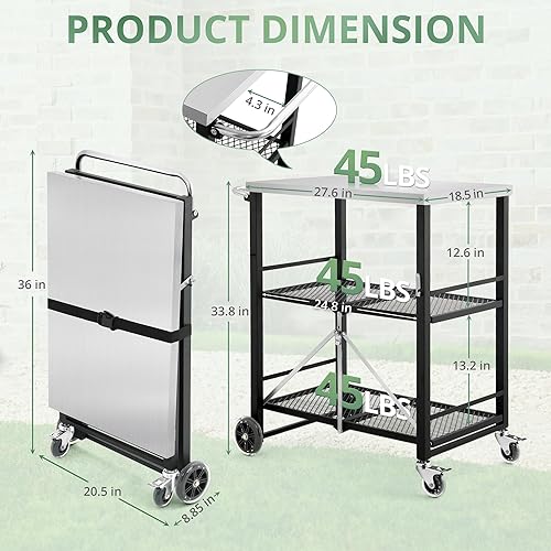 Vista 5 de LUE BONA Foldable Outdoor Grill Cart with 2 Total Lock Casters, Stainless Steel Pizza Oven Stand, Rolling BBQ Table and 3 Shelf Folding Kitchen Negro
