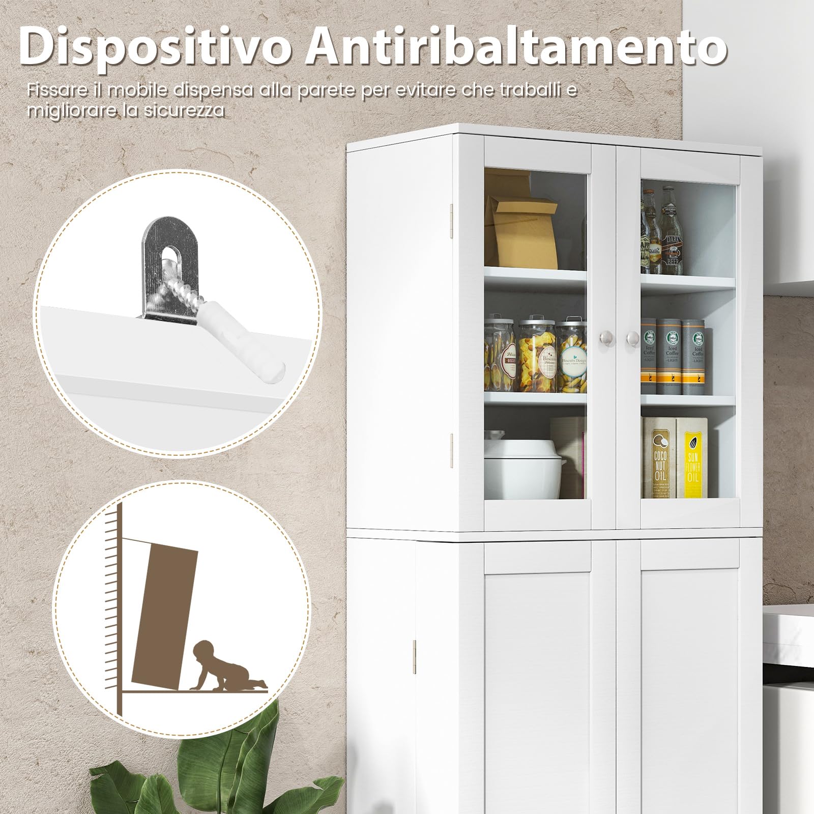 COSTWAY Credenza da Cucina, Dispensa da Cucina con Doppia Porta in Vetro Temperato, Armadio Salvaspazio con Anta Profonda a 14 Ripiani, per Soggiorno, Sala da Pranzo e Bagno, 60 x 32 x 161cm (Bianco)