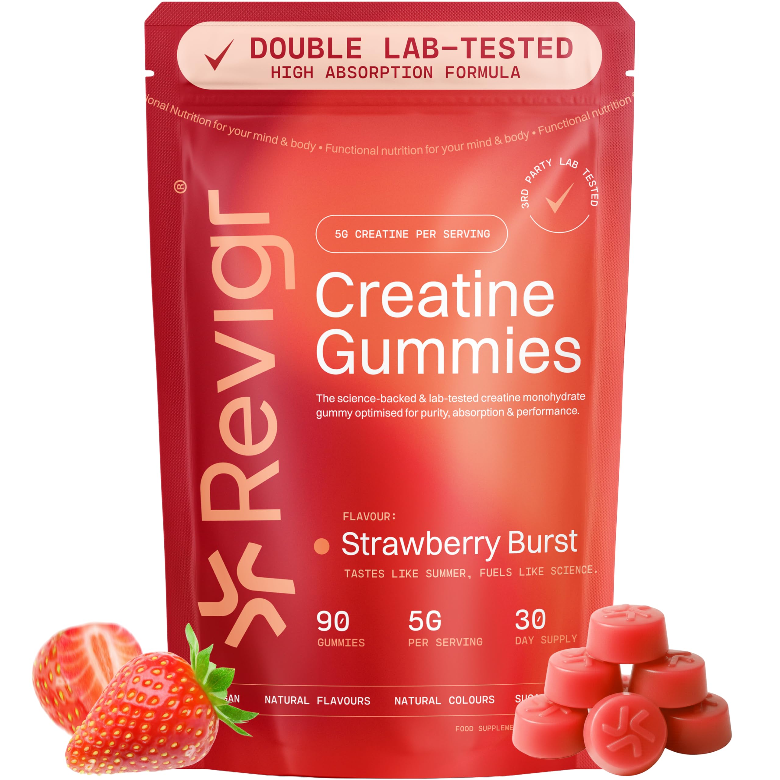 Max 5000mg Lab Tested with COA, 90 Creatine Monohydrate Gummies, Vegan & Sugar-Free, Premium Pre-Workout, Gym Supplement (1 Month Supply) (Stawberry Burst)