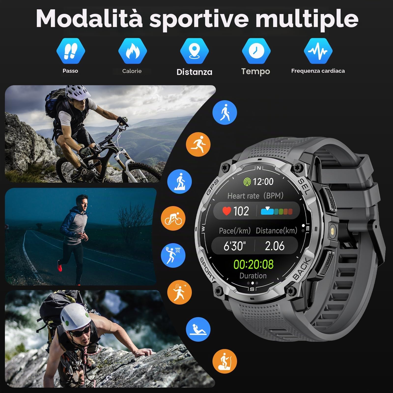 Smartwatch Uomo con GPS, 1.43" AMOLED HD Orologio Smart Watch Militare con Chiamata Bluetooth, Torcia LED, Bussola, Cardiofrequenzimetro, 100+ Modalità Sportive Fitness Tracker per Android iOS