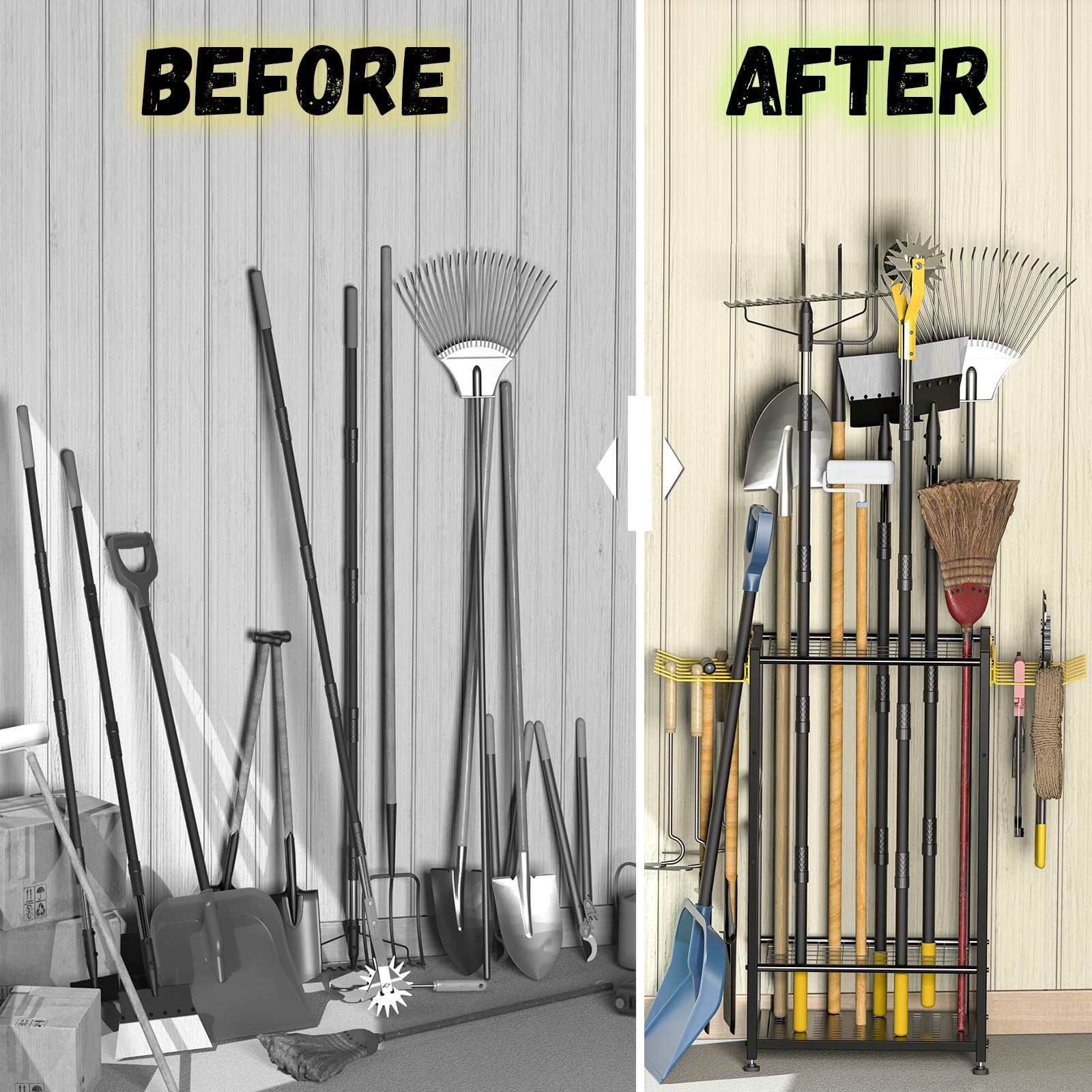 Organizer per attrezzi da giardino, fino a 48 utensili con manico lungo, per garage e organizzazione con gancio laterale per scopa/rastrello/pala/strumento con manico a T, in acciaio