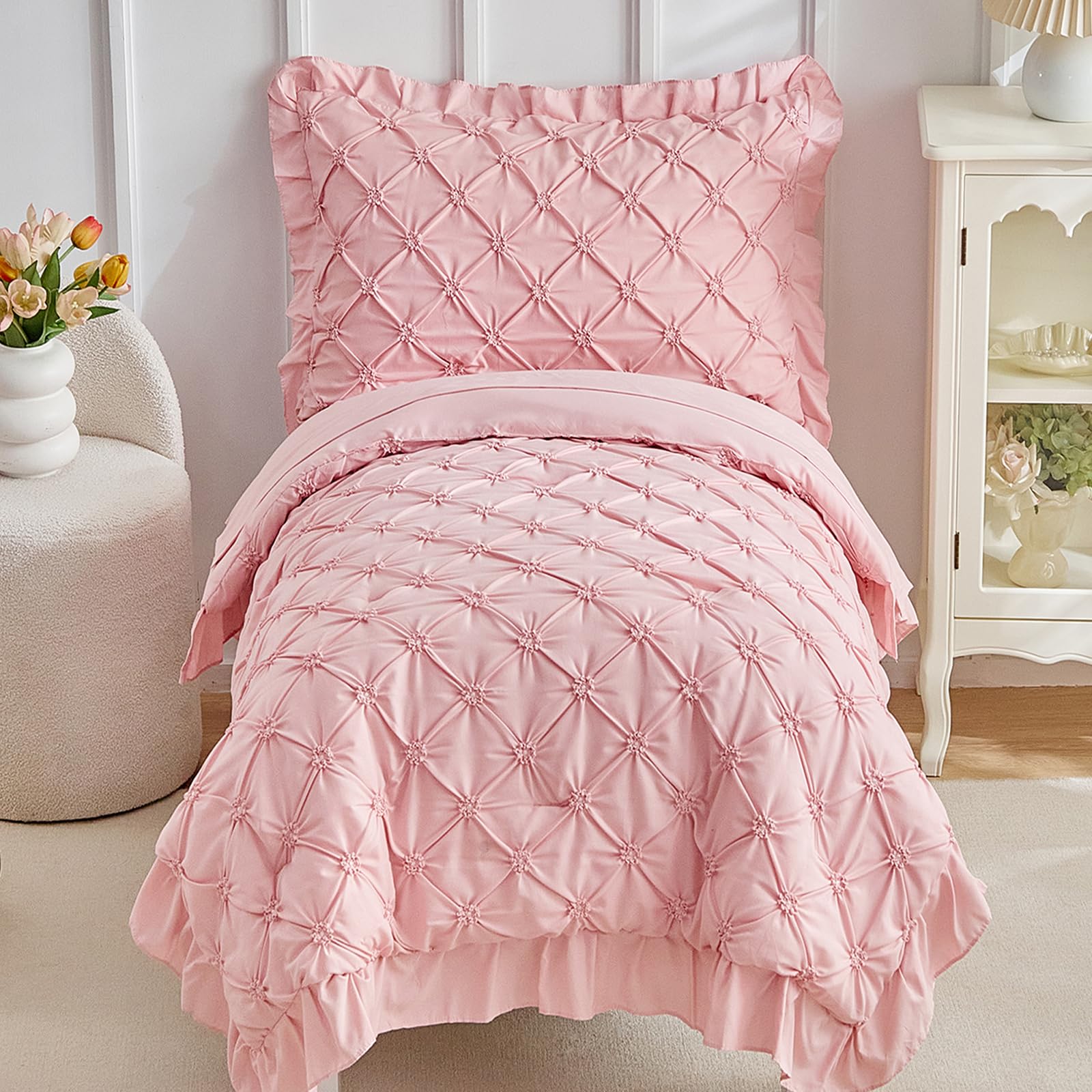 DuShow Princess Toddler Bedding Set for Girls,4 Pieces Ruffles Toddler Bed Set,Ultra Soft Kids Pink Sheet Set Includes Comforter,Flat Sheet,Fitted Sheet and Pillowcase