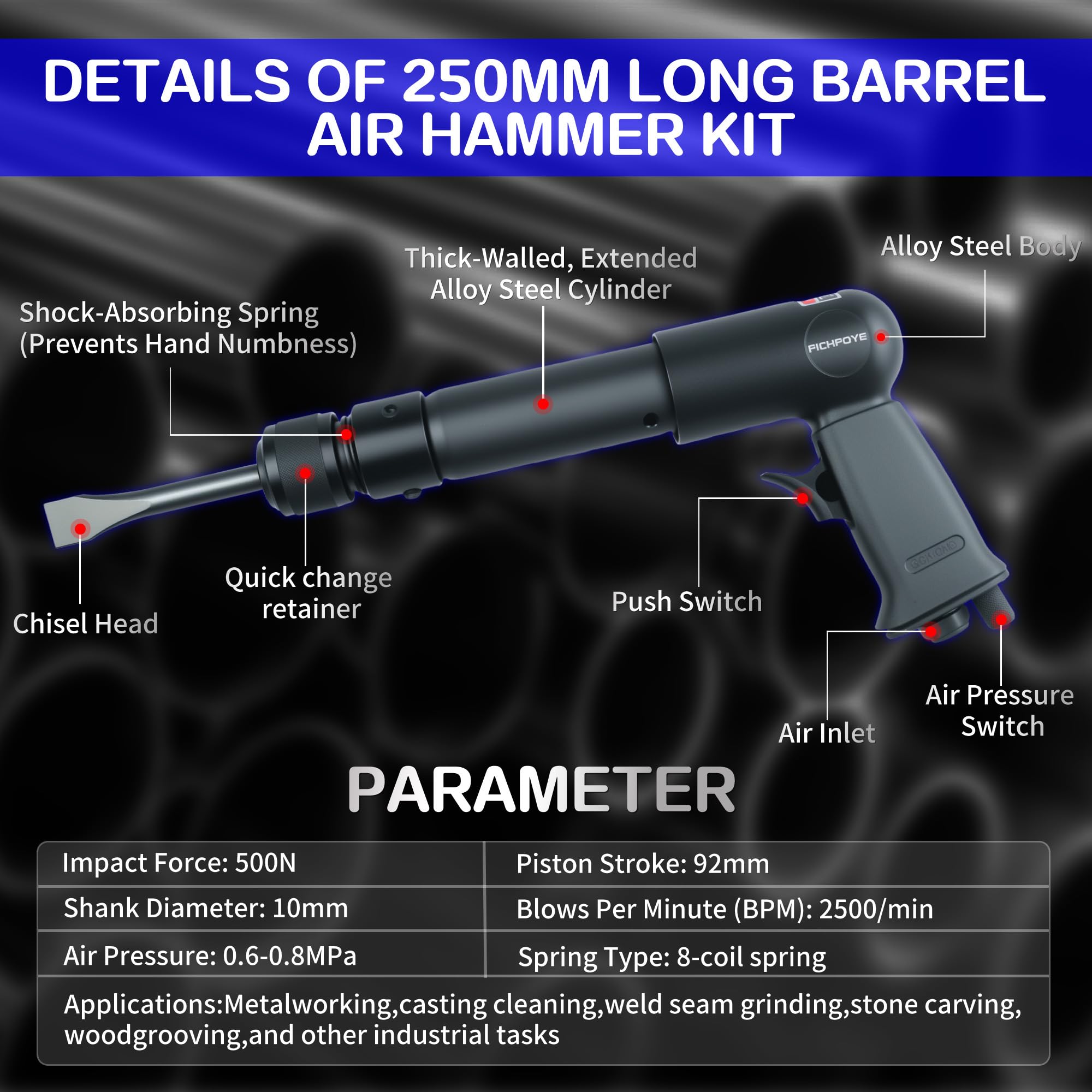 Martillo neumático de alta resistencia – 2500 BPM de alta velocidad con carrera de 3.54 pulgadas, sistema de cincel de cambio rápido de autobloqueo y juego de cinceles de acero de aleación de