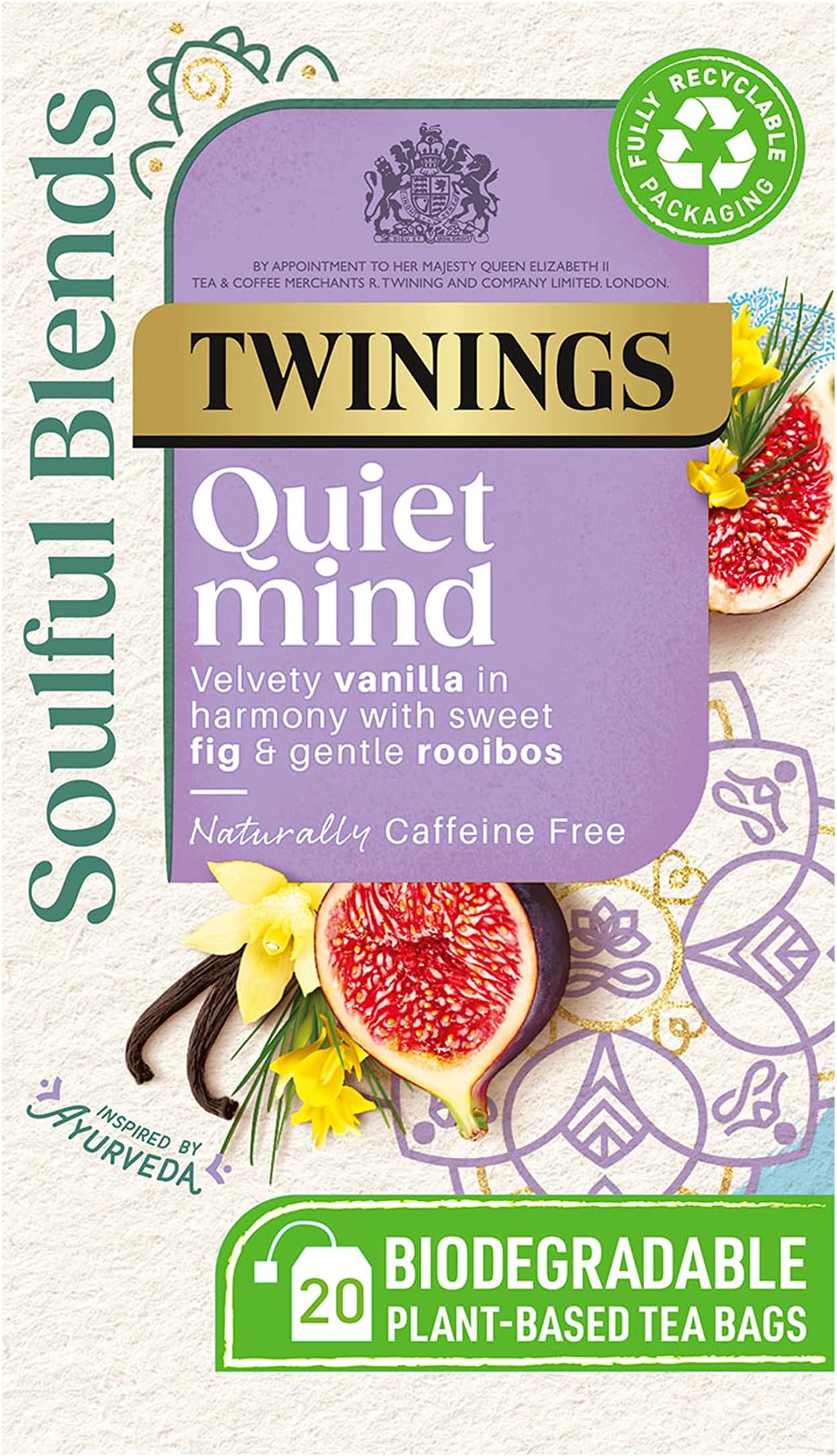 Twinings Soulful Blends Quiet Mind Inspired by Ayurveda - Velvety Vanilla Herbal Tea Infusion with Fig & Rooibos - 20 x Biodegradable Tea Bags