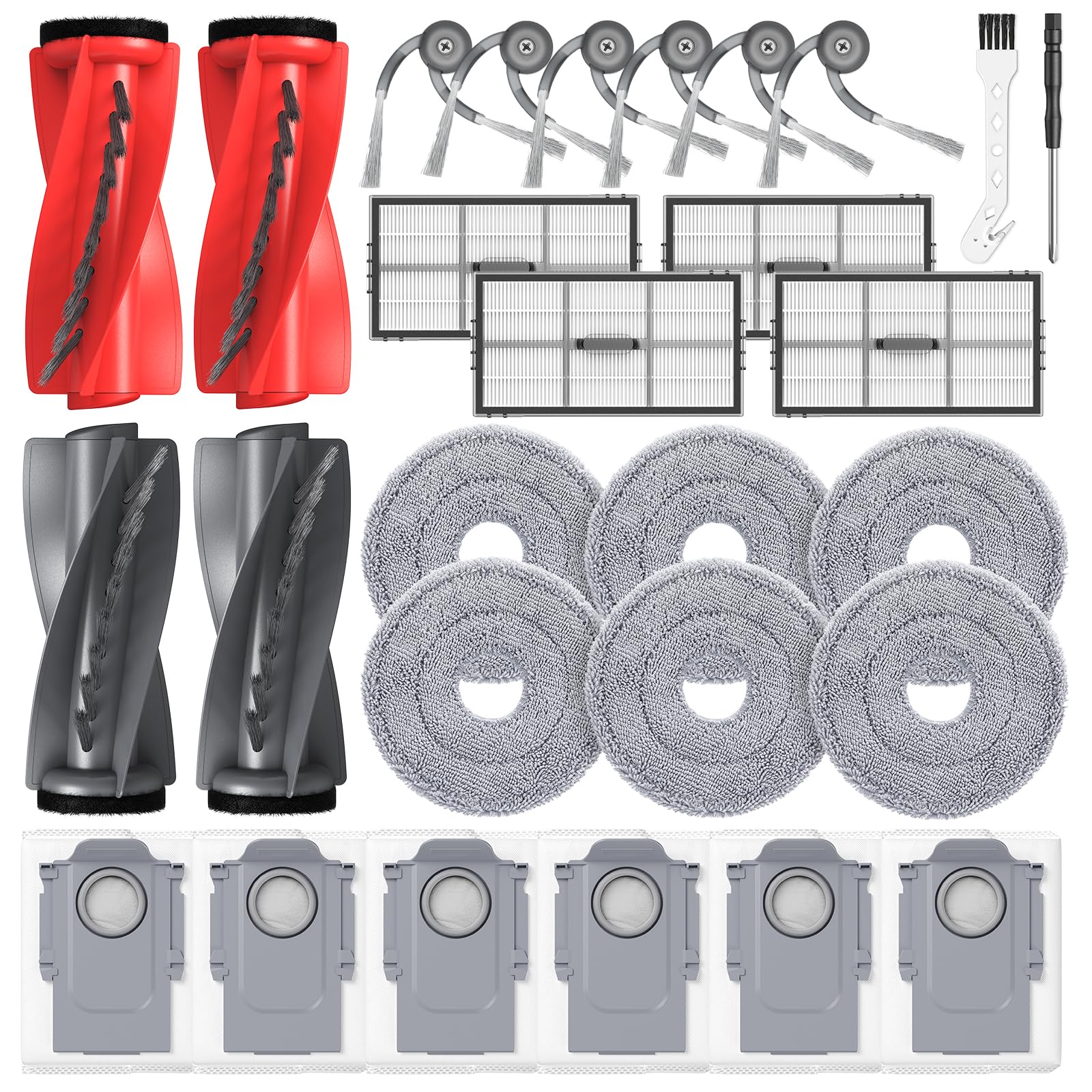 28 Stück Saros 10R Zubehör für Roborock Saros 10R/Saros 20/Qrevo CurvX/Qrevo Curv 2 Pro/Curv 2 Prox Saugroboter, 4 Hauptbürste,6 Wischtücher,6 Staubbeutel, 4 HEPA-Filter,6 Seitenbürsten,2 Werkzeug