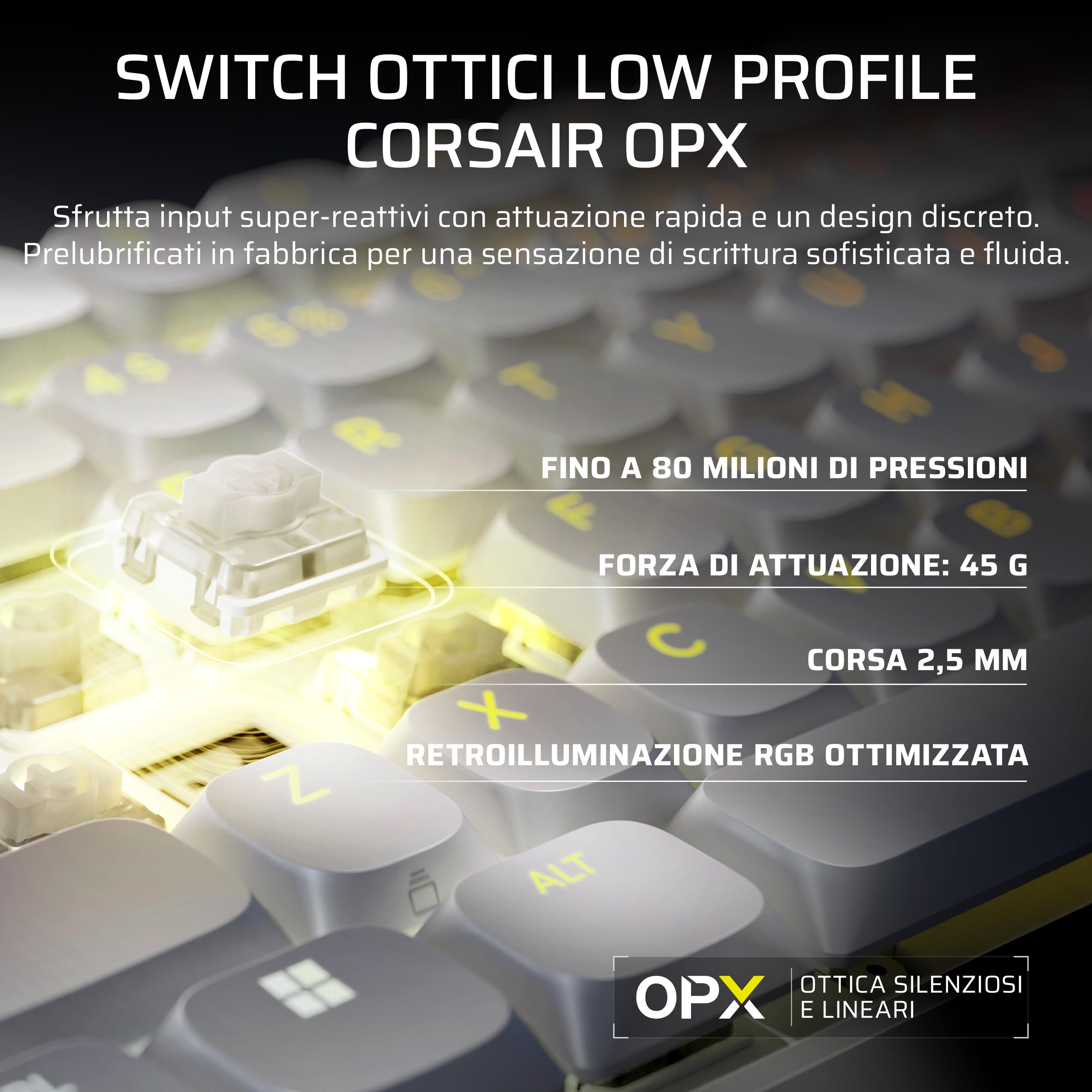 Corsair VANGUARD AIR 99 WIRELESS Tastiera Da Gioco a Basso Profilo – Bianco | Ottico-Meccanica RGB, QWERTY IT, Layout al 99%, Interruttori OPX, Polling 8000 Hz, Integrazione Stream Deck, Flashtap SOCD