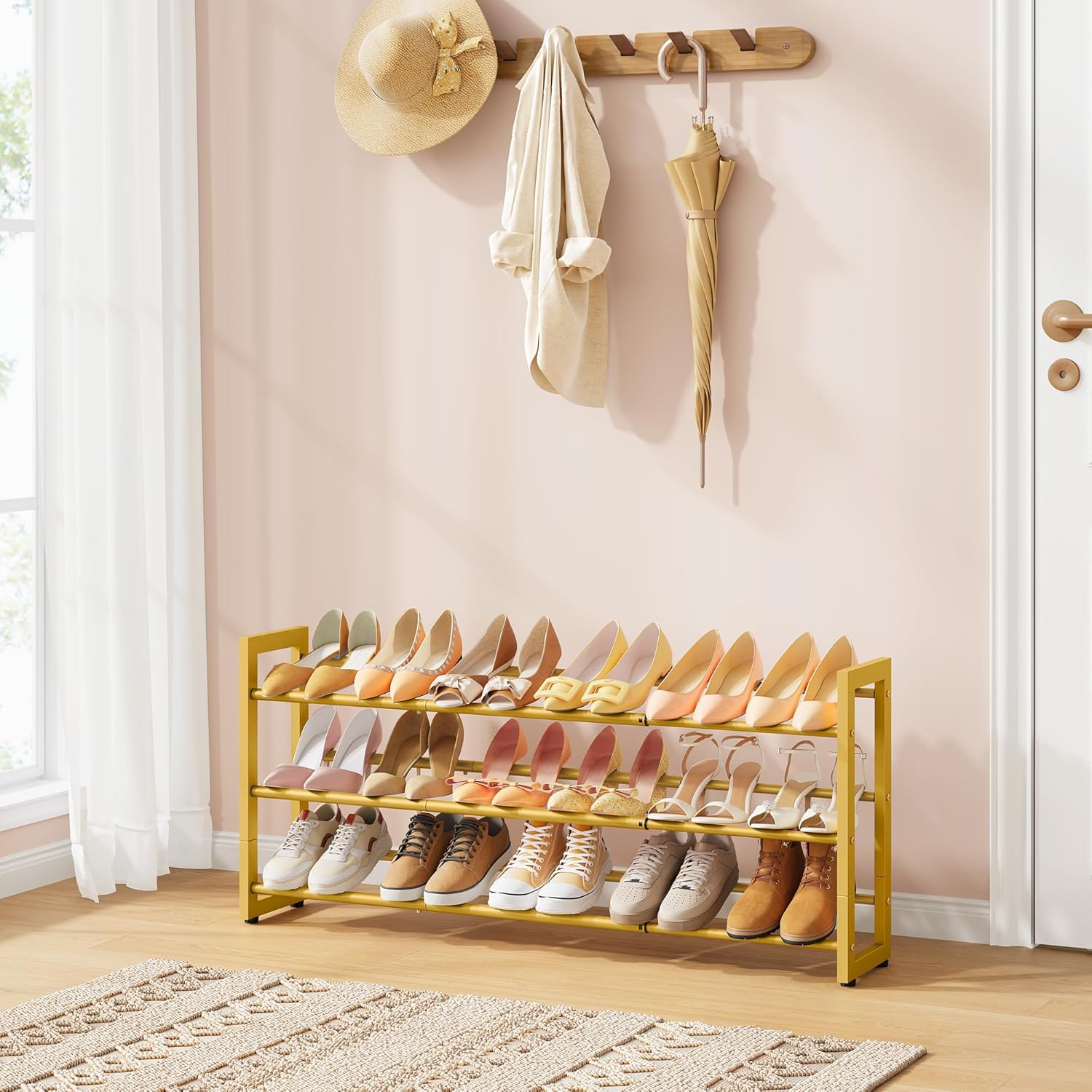 FAVOOSTY 3-Tier Expandable Shoe Rack, Adjustable Shoe Shelf Storage Organizer Space Saving Metal Free Standing Shoe Rack for Entryway Closet Doorway, Gold
