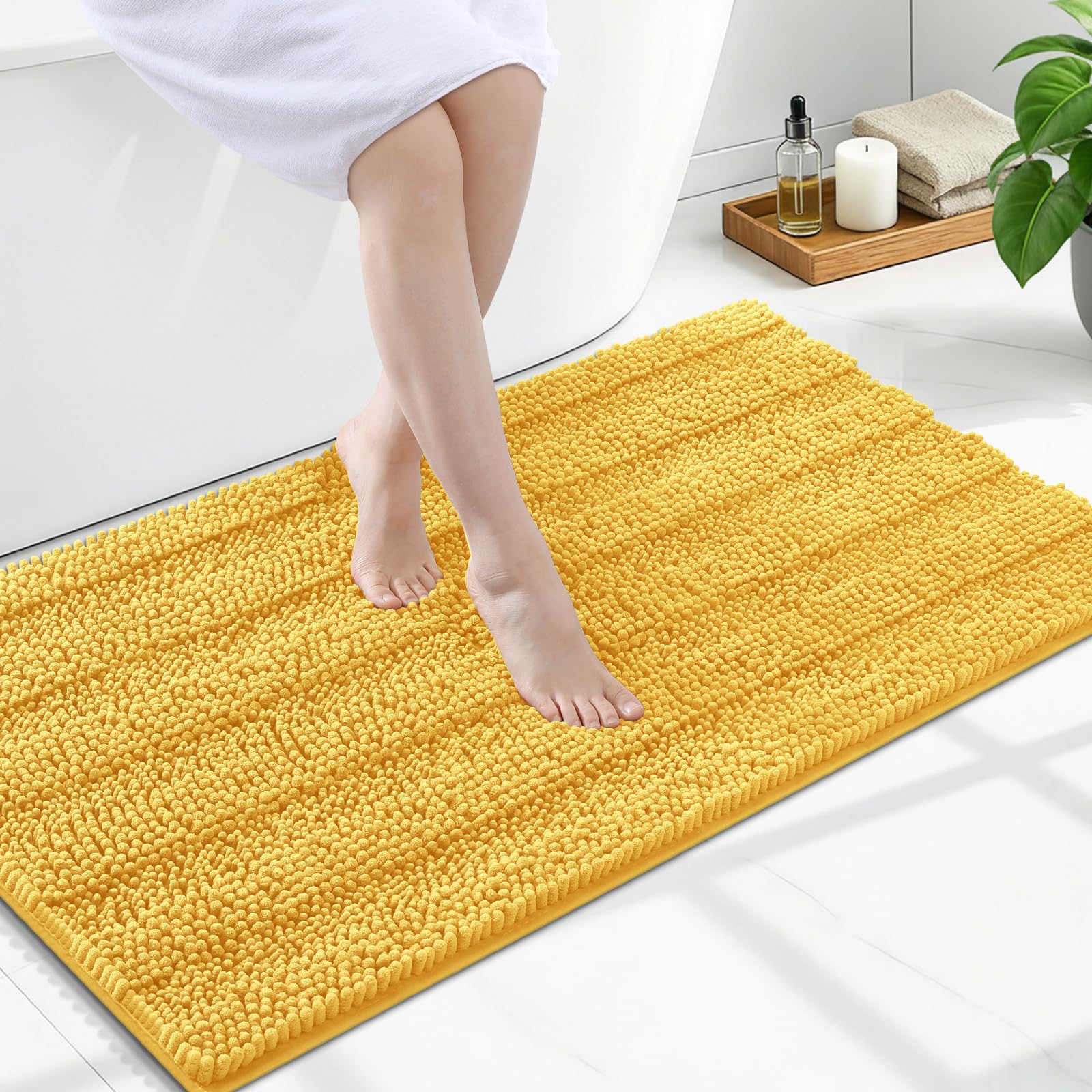 Grandaily Chenille Bathroom Rugs 47x24, Soft Bath Mats, Light Yellow