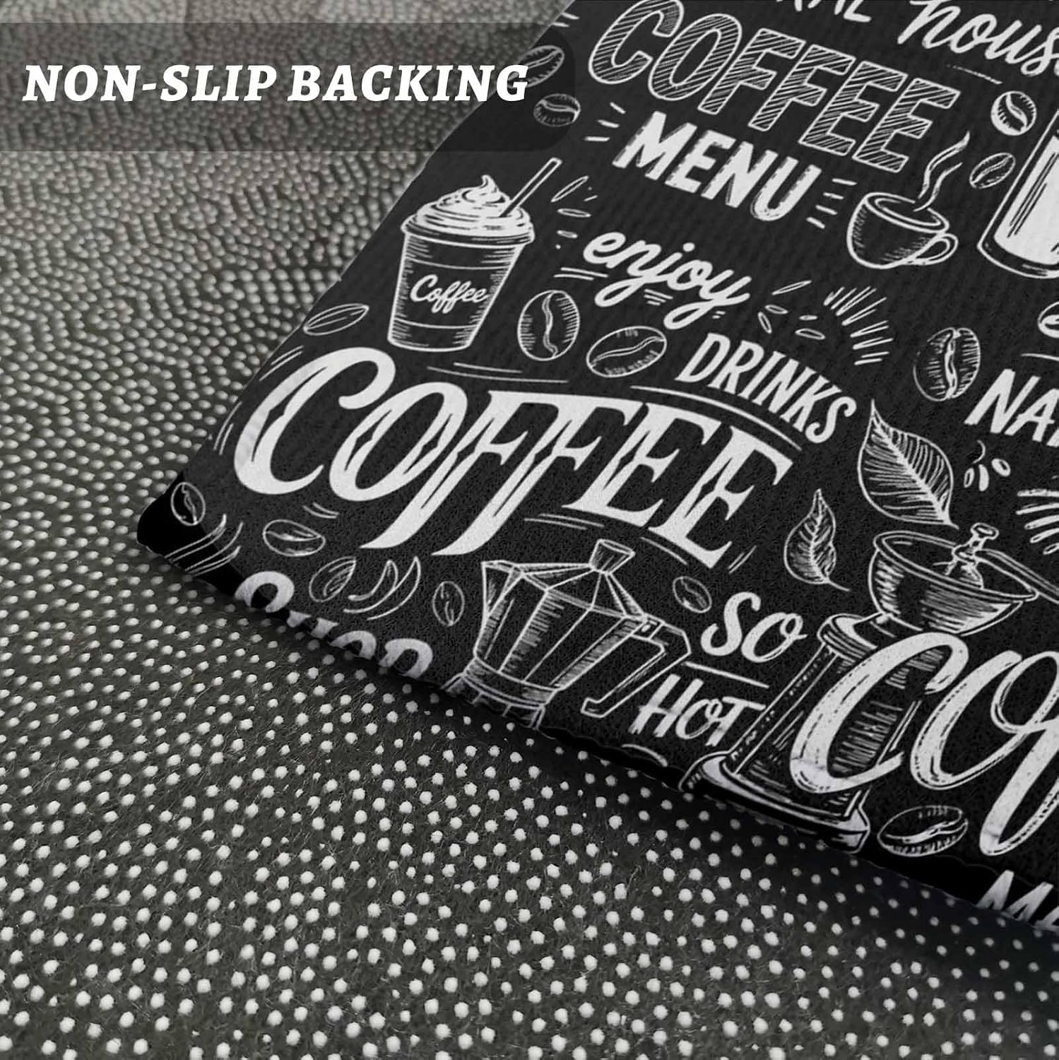Teamery Kitchen Mats for Floor Coffee Time White Quote on Black Washable Non Slip Kitchen Rugs 1PCS, Milk Tea Cup Cocoa Bean Absorbent Standing Mats for Sink Bathroom Office Living Room 23.6x70.9in