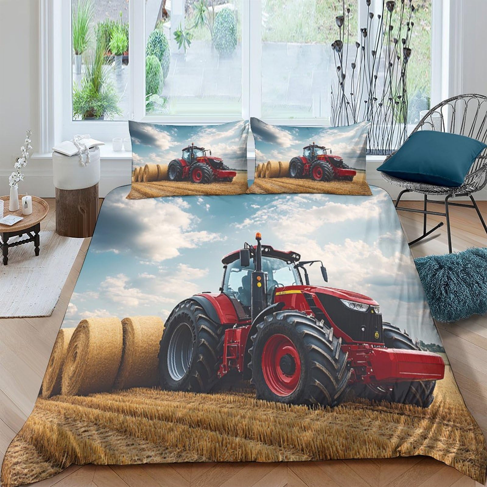 Ctjqhvkz Style-6 3D Printed Red Tractor Fitted Sheet Microfiber Soft Hayfield Bed Cover Farmhouse Decor Bedroom Dorm Single（135X200cm）