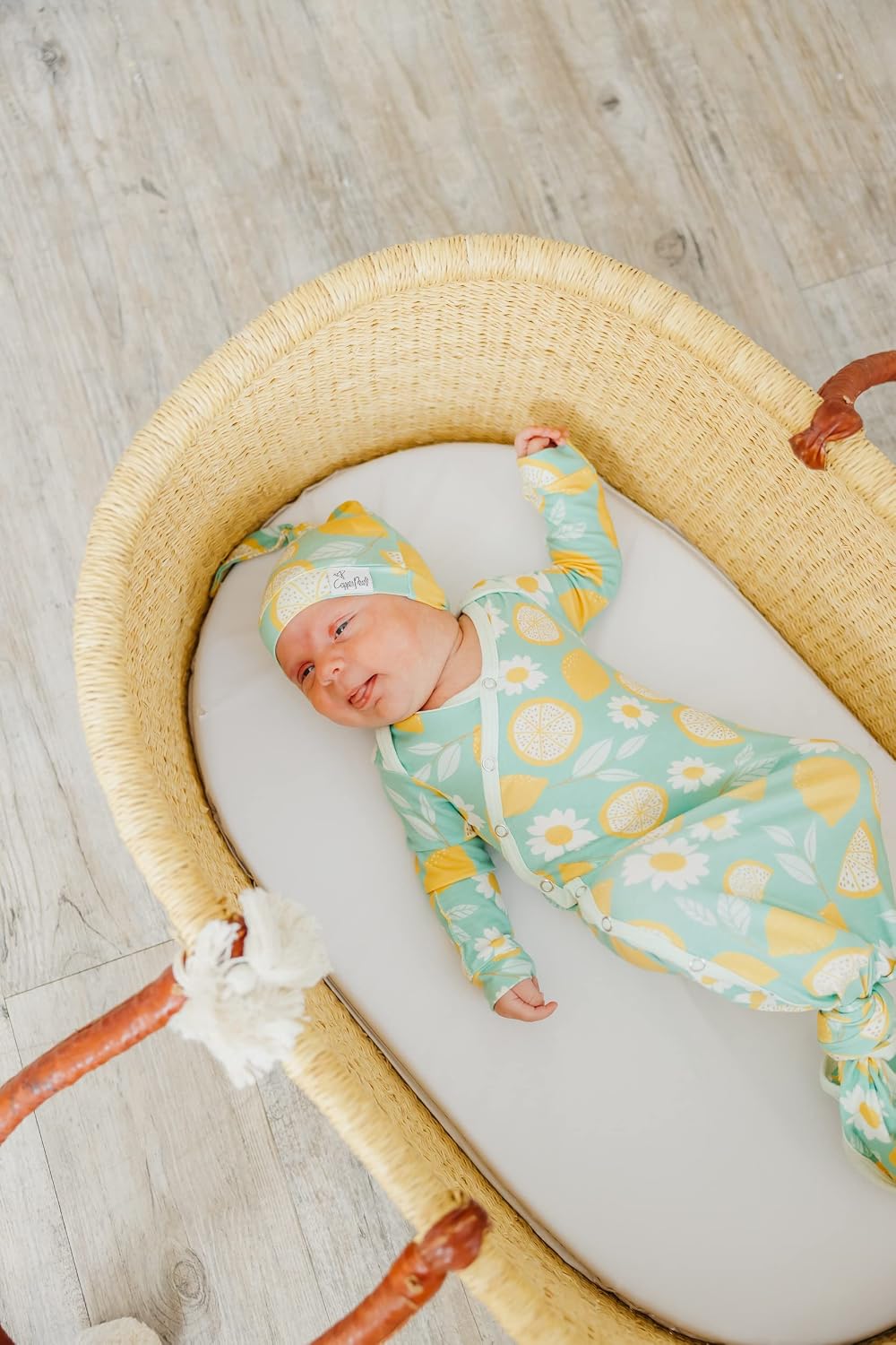 Copper Pearl Baby Beanie Hat Top Knot Stretchy Soft Lemon