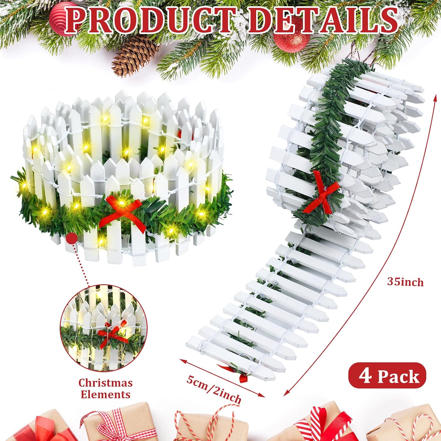 Spiareal 4 Pcs Christmas Village Fence 35" with LED,White,Warm Light