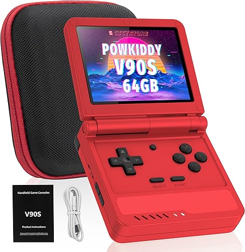 Powkiddy V90S - Consola de mano retro - Más de 10,000 juegos precargados, diseño de concha plegable, pantalla IPS de 3.5 pulgadas, batería de 4 a 6