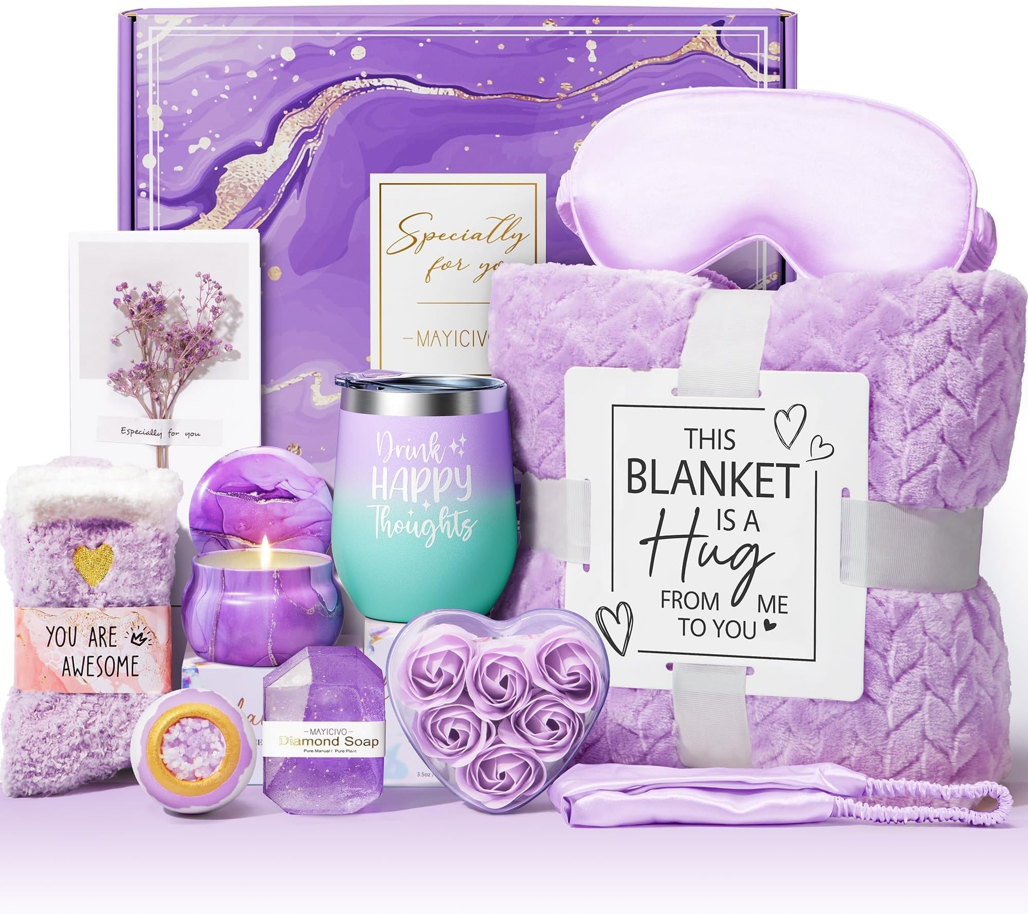 - Mothers Day Birthday Gifts for Women Self Care Get Well Soon Gifts, Lavender Relaxing Spa Gift Basket Thinking of You Care Package w/Flannel Blanket, Unique Gift for Mom Her Wife Grandma Friend Sister