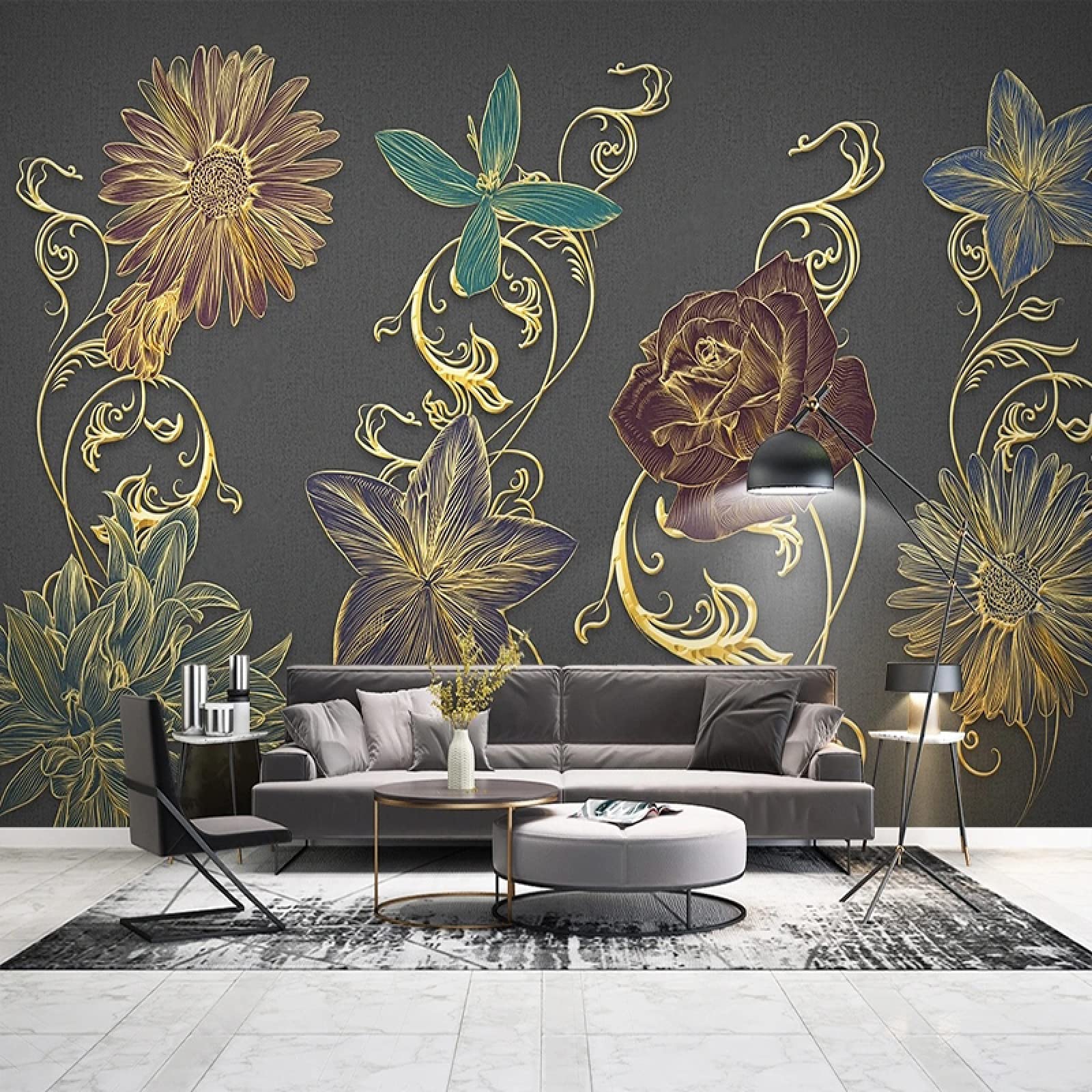 Papier peint floral doré 3D moderne pour agrandir un salon sombre