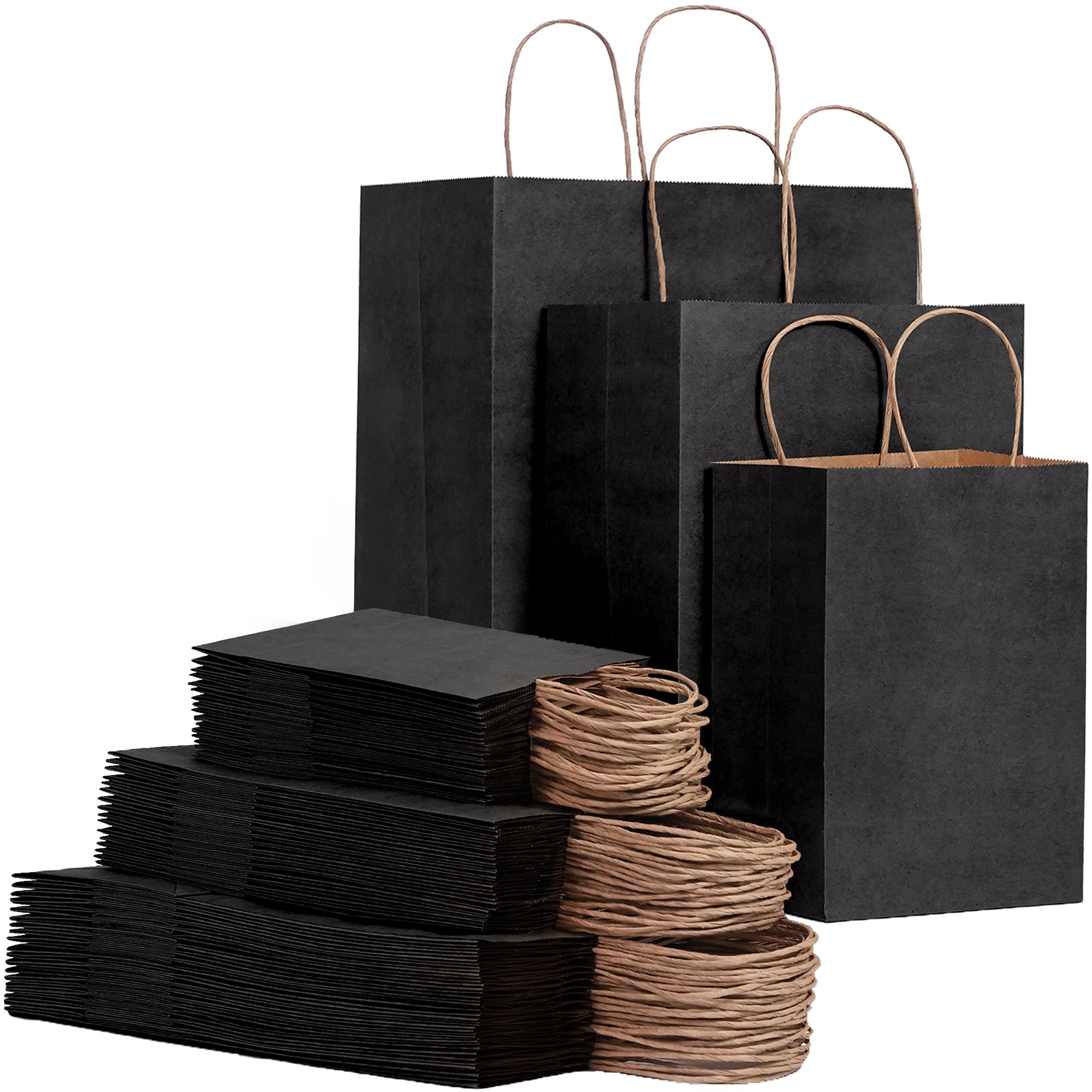 FACEBAG Paquete de 90 bolsas de papel kraft negro con asas a granel, bolsas de regalo de varios tamaños para recuerdos de comestibles, venta al por menor, fiesta, festival, boda, cumpleaños, compras,