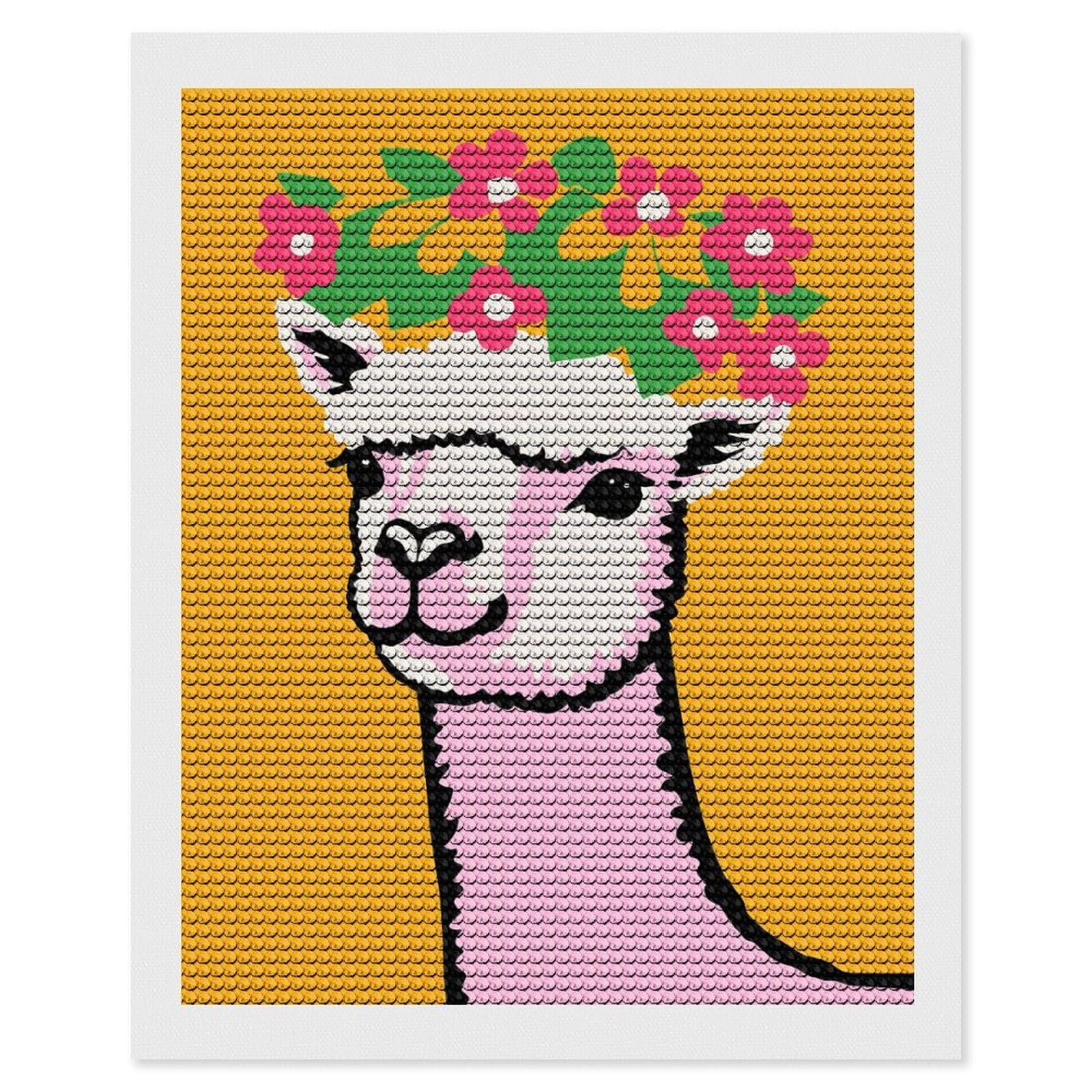 Junmoney Alpaca with Flower Crown Diamond Art Canvas 16"x20", for Adults, Pleasing Wall Art Project, Modern Decor, Gift Idea, Nice Detail and Sparkle