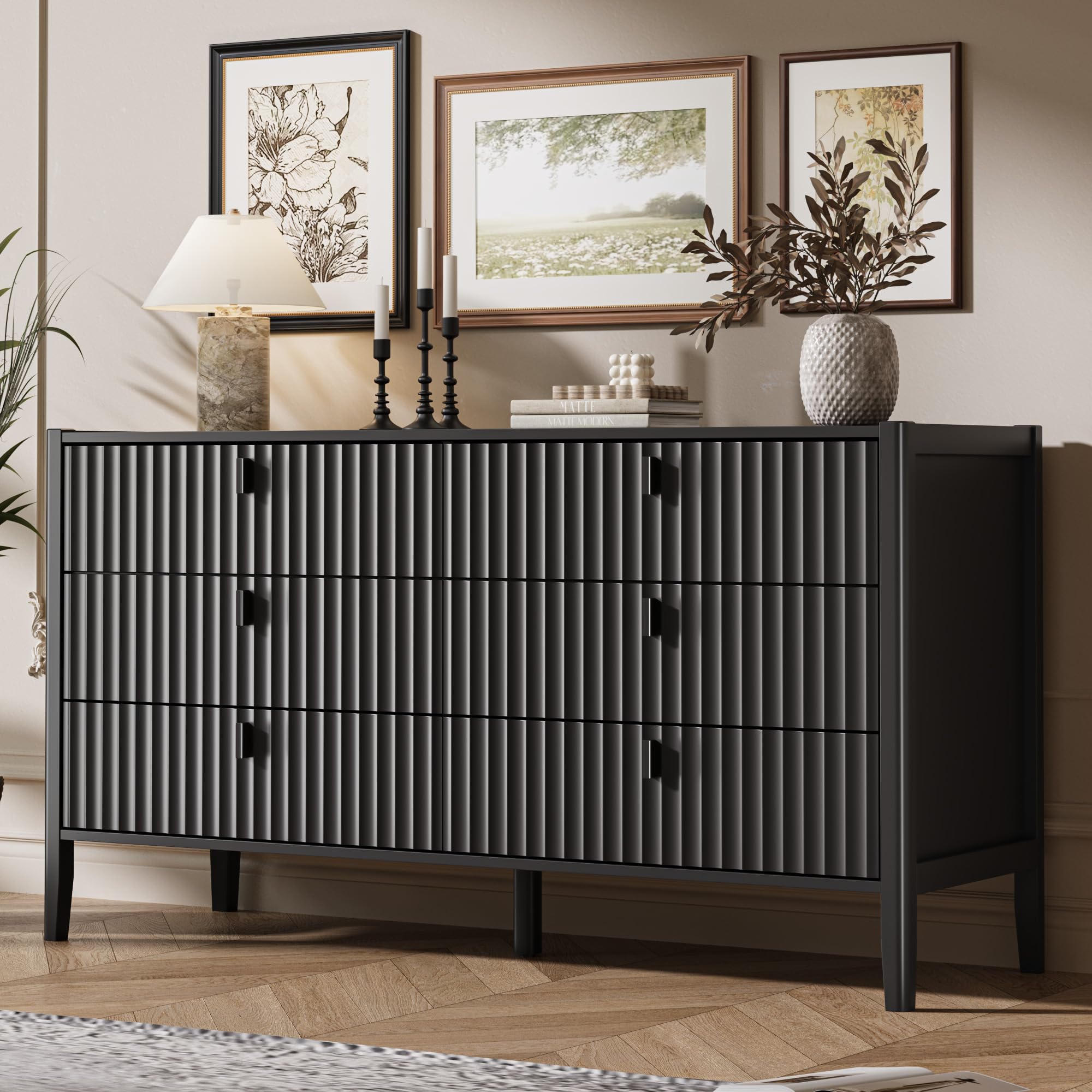 MAISONARIA Black 6 Drawer Dresser for Bedroom, Modern Wood Dresser, Fluted Design Double Chest of Drawers with Wood Legs, TV Stand Storage Cabinet for