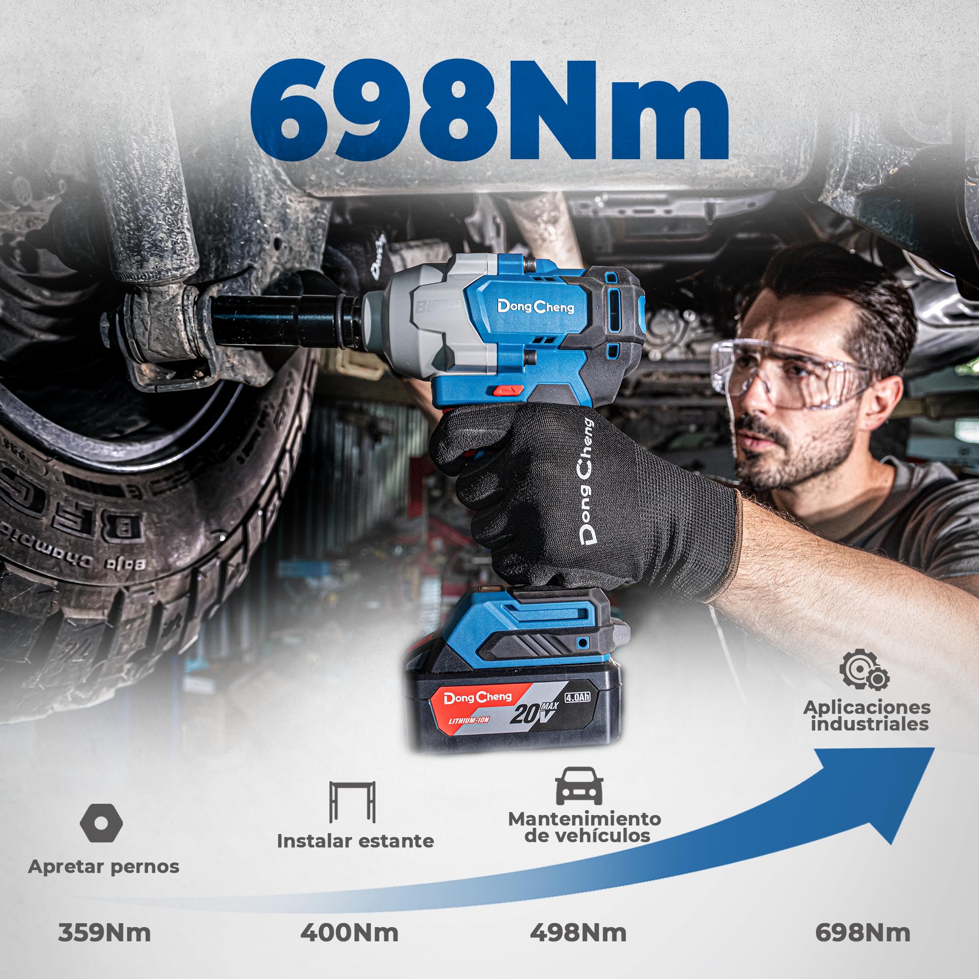 Llave de impacto inalámbrica Dong Cheng 20V sin escobillas, par alto 698 Nm, 2200 RPM, 4 modos, llave de impacto de 1/2 pulgada con caja de almacenamiento, incluye 2 baterías 4,0 Ah y cargador
