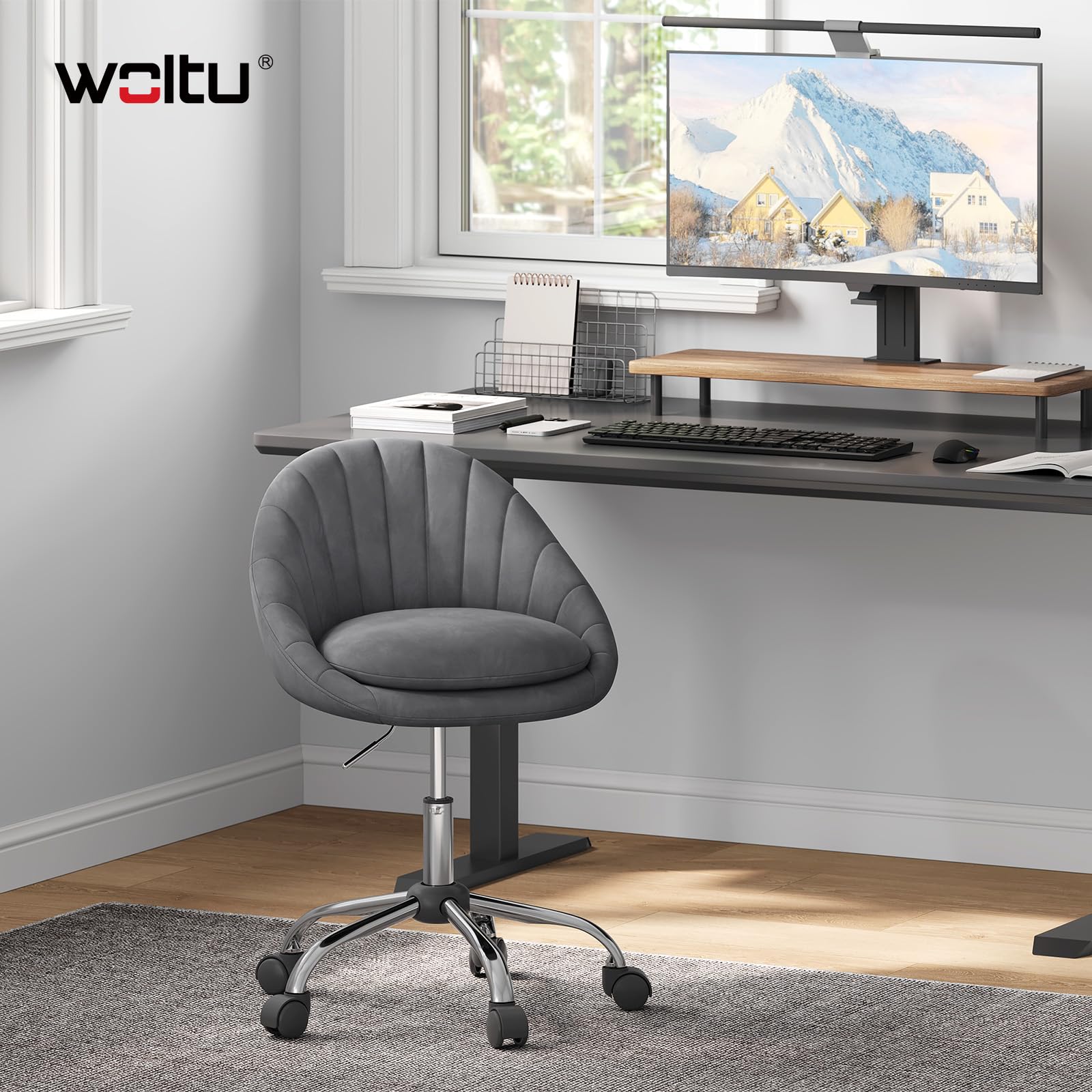 WOLTU Sedia da Scrivania per Casa, Sedia Trucco, Velluto, Grigio Scuro | Regolabile in Altezza con Rotelle, Girevole Ergonomica, Ufficio, Camera da Letto, Studio