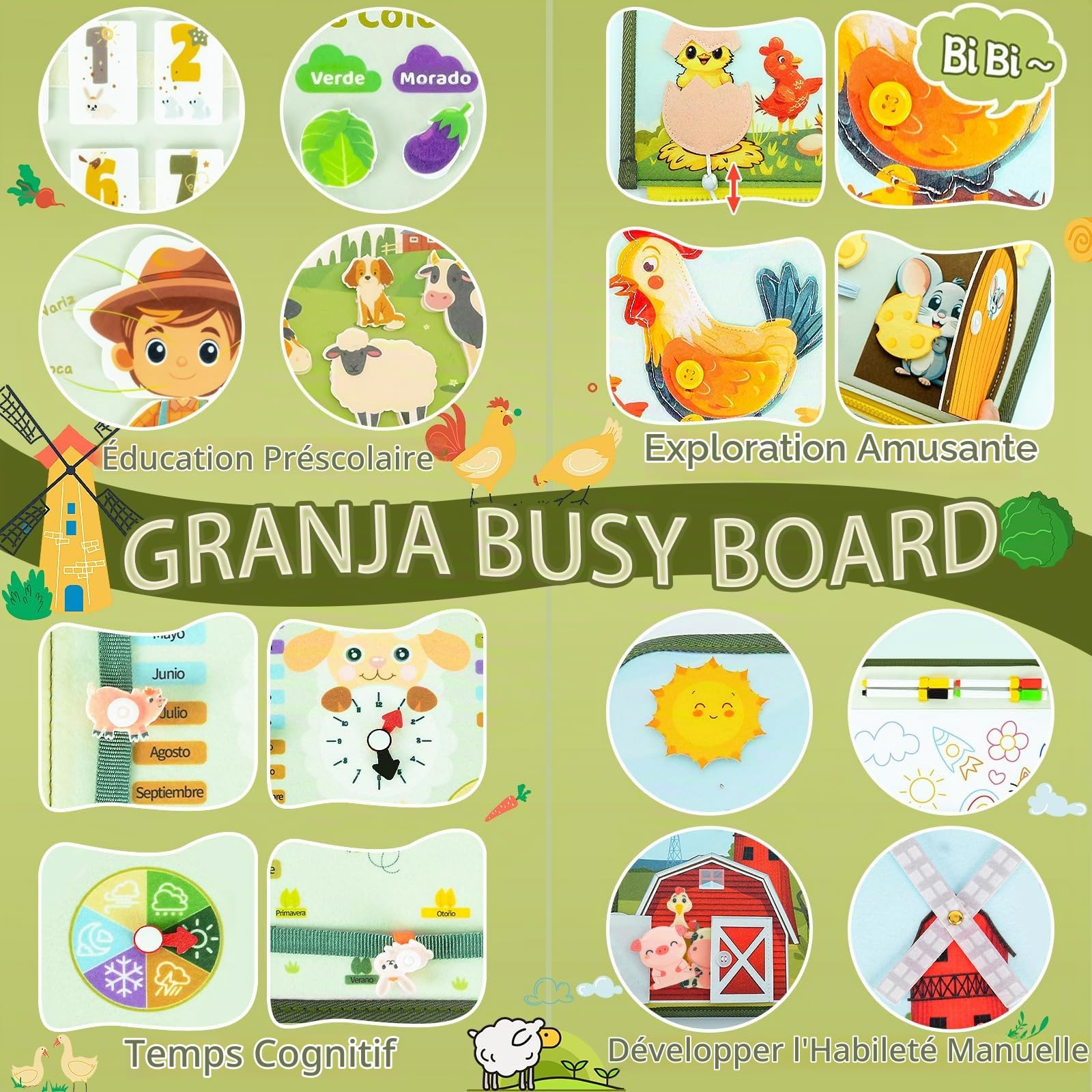 Espagnol Tableau d'activités de la Ferme 10 en 1 Jouets Montessori