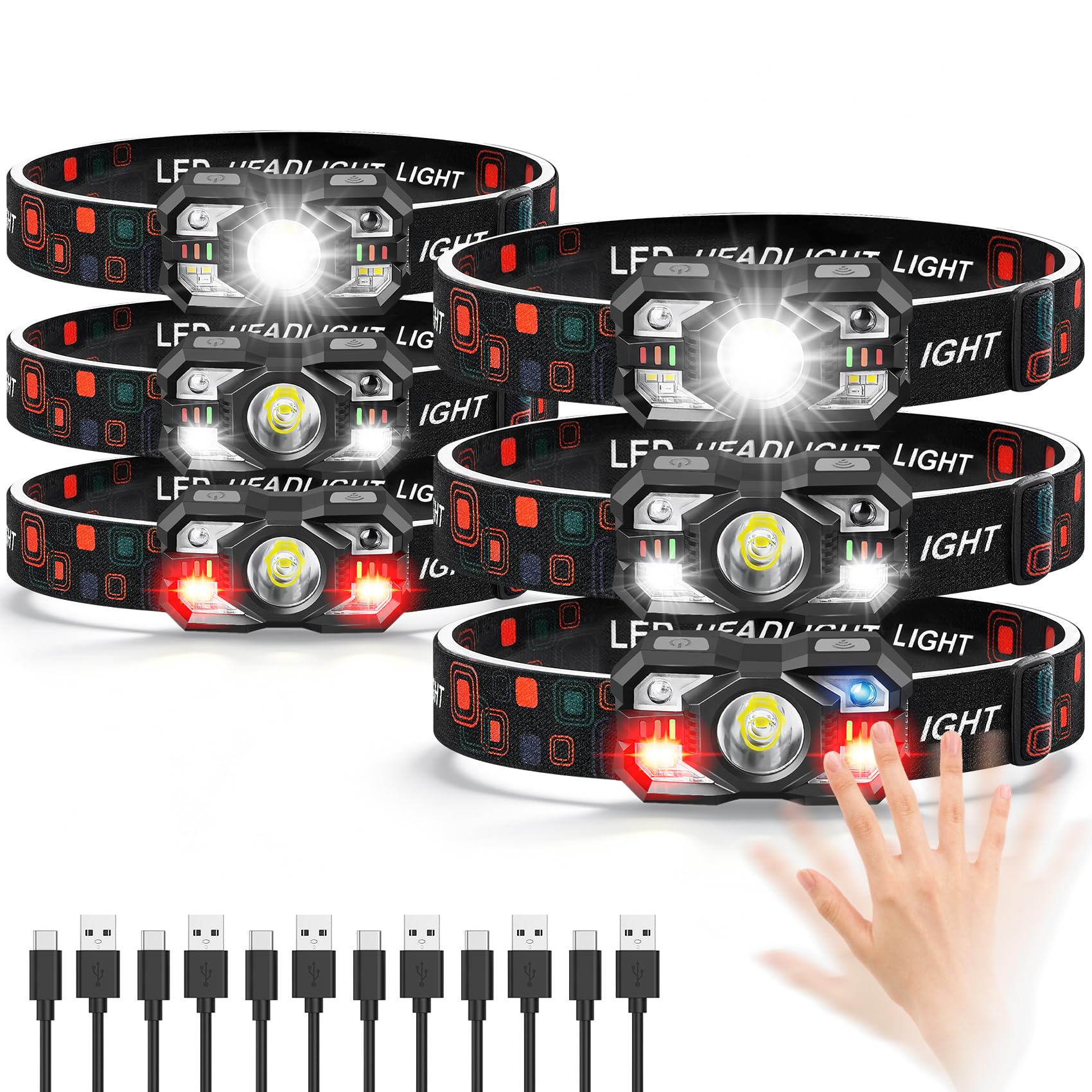 Headlamp Rechargeable 6Pack, 3000 Lumen Ultra-Light Bright Headlamp Flashlight with White Red Light, LED Headlight Motion Sensor, 5+5 Mode for Outdoor Camping Fishing Running Hiking
