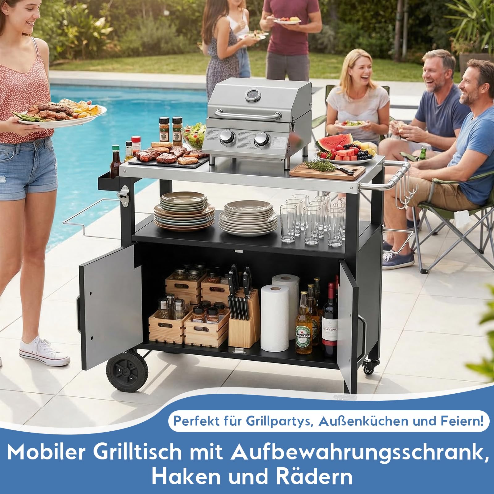 TLSUNNY Grilltisch mit Edelstahlplatte, Grillwagen Outdoor mit Schrank, Grill Trolley Küchenwagen mit 4 Rollen, Grill Beistelltisch Servierwagen für Garten Terrasse Picknicks Partys, 112 x 51 cm