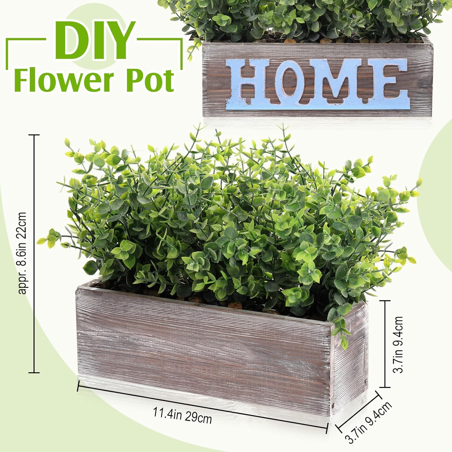 Lyrow 2 Pack Artificial Eucalyptus Plant in Rustic Rectangular Wooden Planter Box Greenery Faux Potted Herb Plant for Indoor Wedding Table Centerpiece Decor(Classic Color,11.4 x 3.7 x 7.8 Inches)