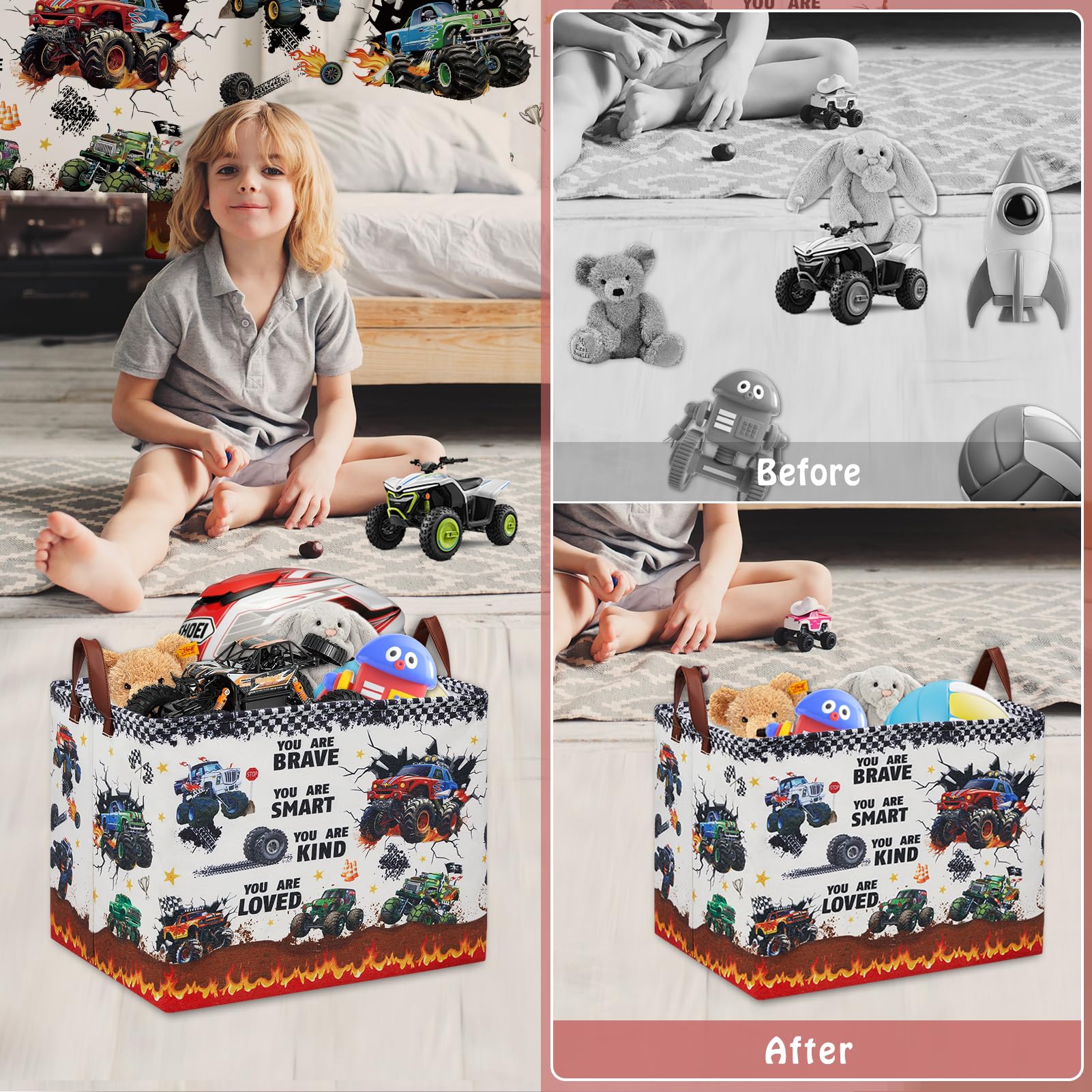 XHWZOF Monster Trucks Laundry Hamper Basket Kid Gift Toy Storage Bin Car Nursery Decor Hamper Rectangular Shelf Storage Basket Collapsible Clothes Book Organizer Bin for Boy (Monster Trucks-Quote)