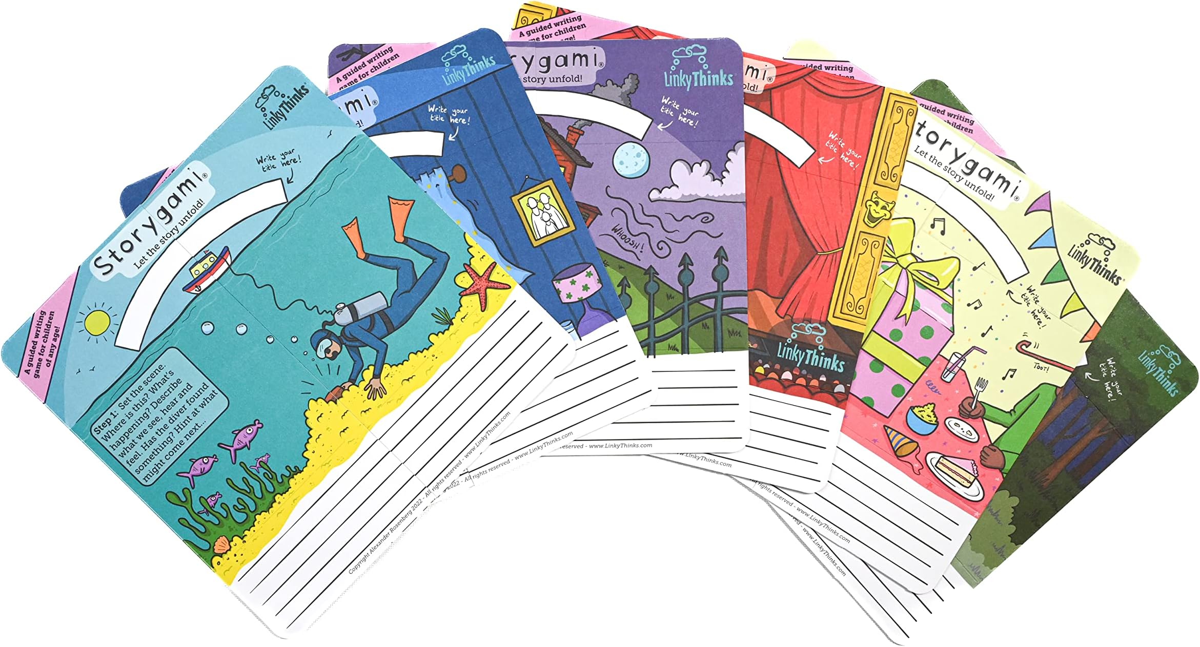 LinkyThinks Storygami | Guided Storytelling Game | Story Structure | Creative Writing Ideas | Description Tips | Interactive Colouring Book | Origami Fidget Toy | All Ages | 6 Versions Included