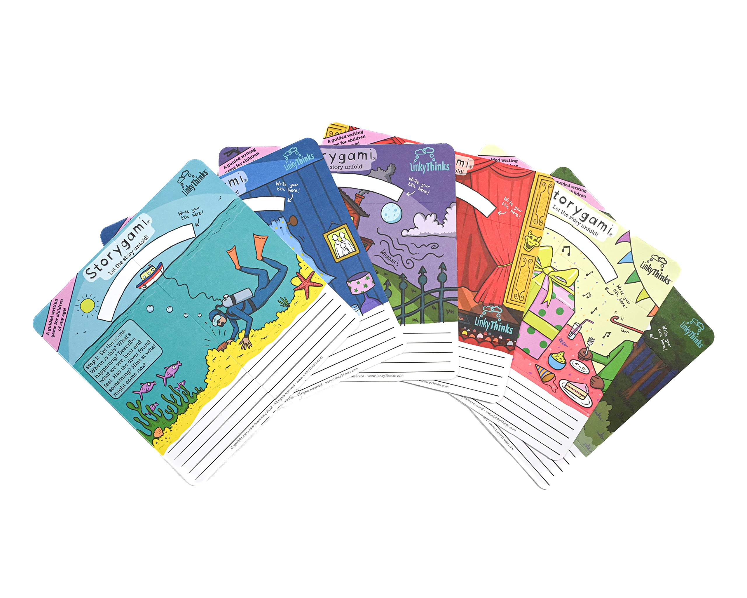 LinkyThinks Storygami | Guided Storytelling Game | Story Structure | Creative Writing Ideas | Description Tips | Interactive Colouring Book | Origami Fidget Toy | All Ages | 6 Versions Included