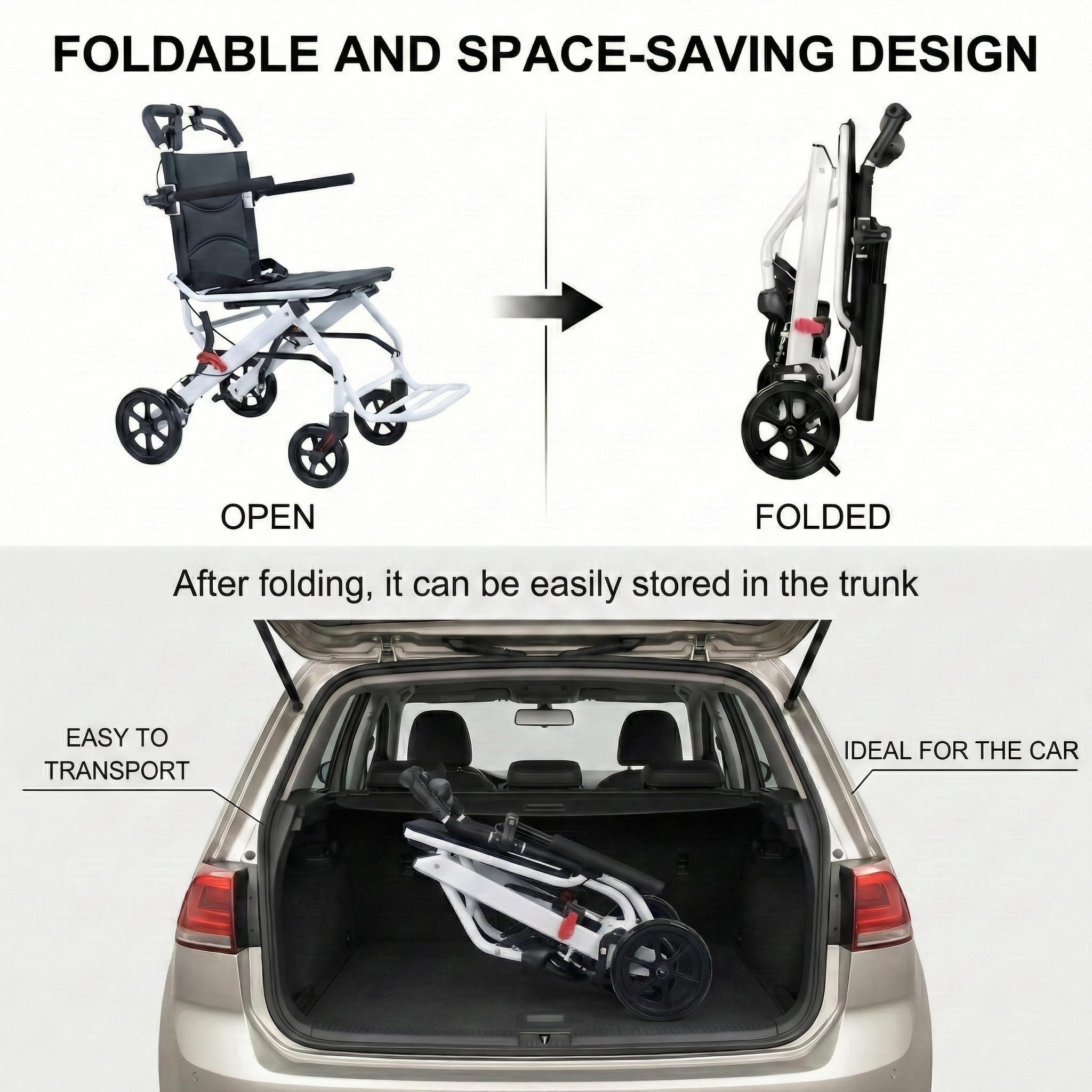 Silla de ruedas plegable de viaje (solo 18 libras), silla de ruedas plegable ligera de 15.8 pulgadas de ancho, silla de ruedas de transferencia para ancianos, hospital, aprobada por aviones, para
