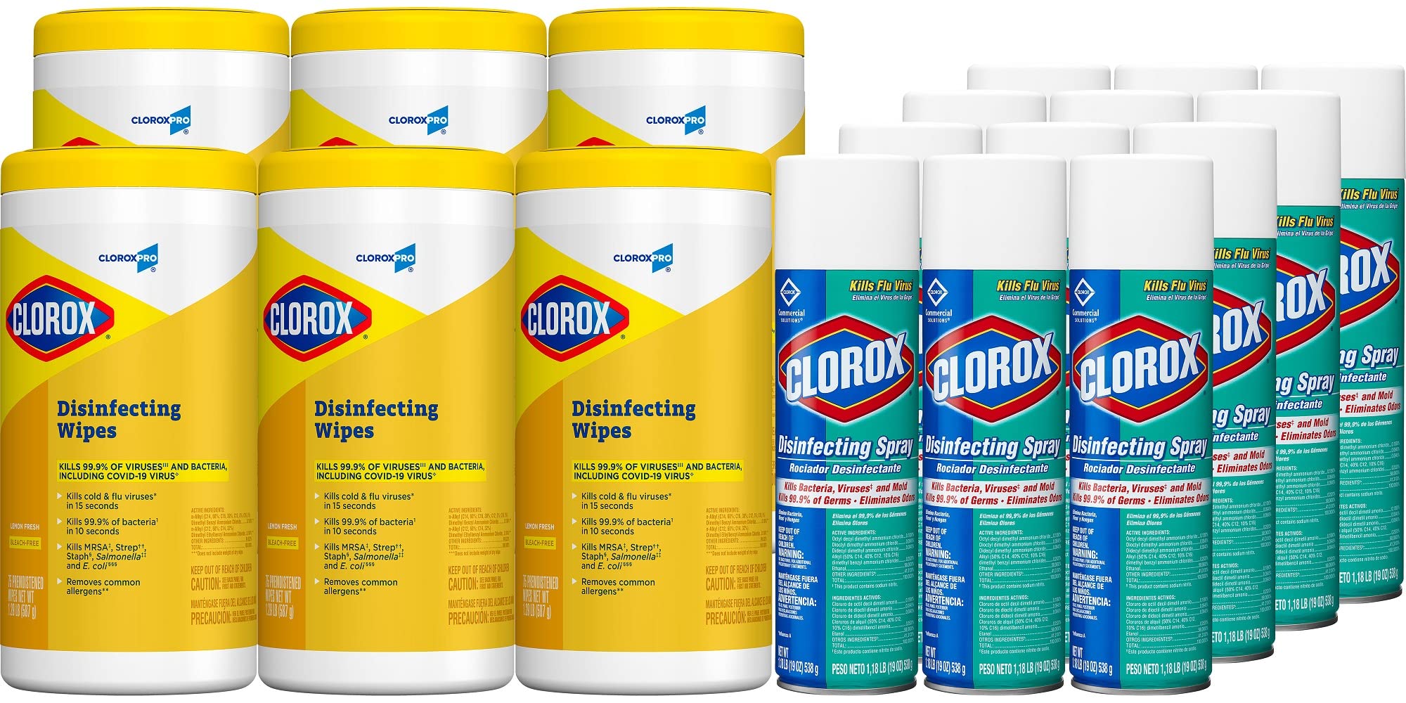 CloroxPro Disinfecting Wipes Lemon Fresh 75 Count Pack of 6 and Disinfecting Spray Fresh Scent 19oz Spray Pack