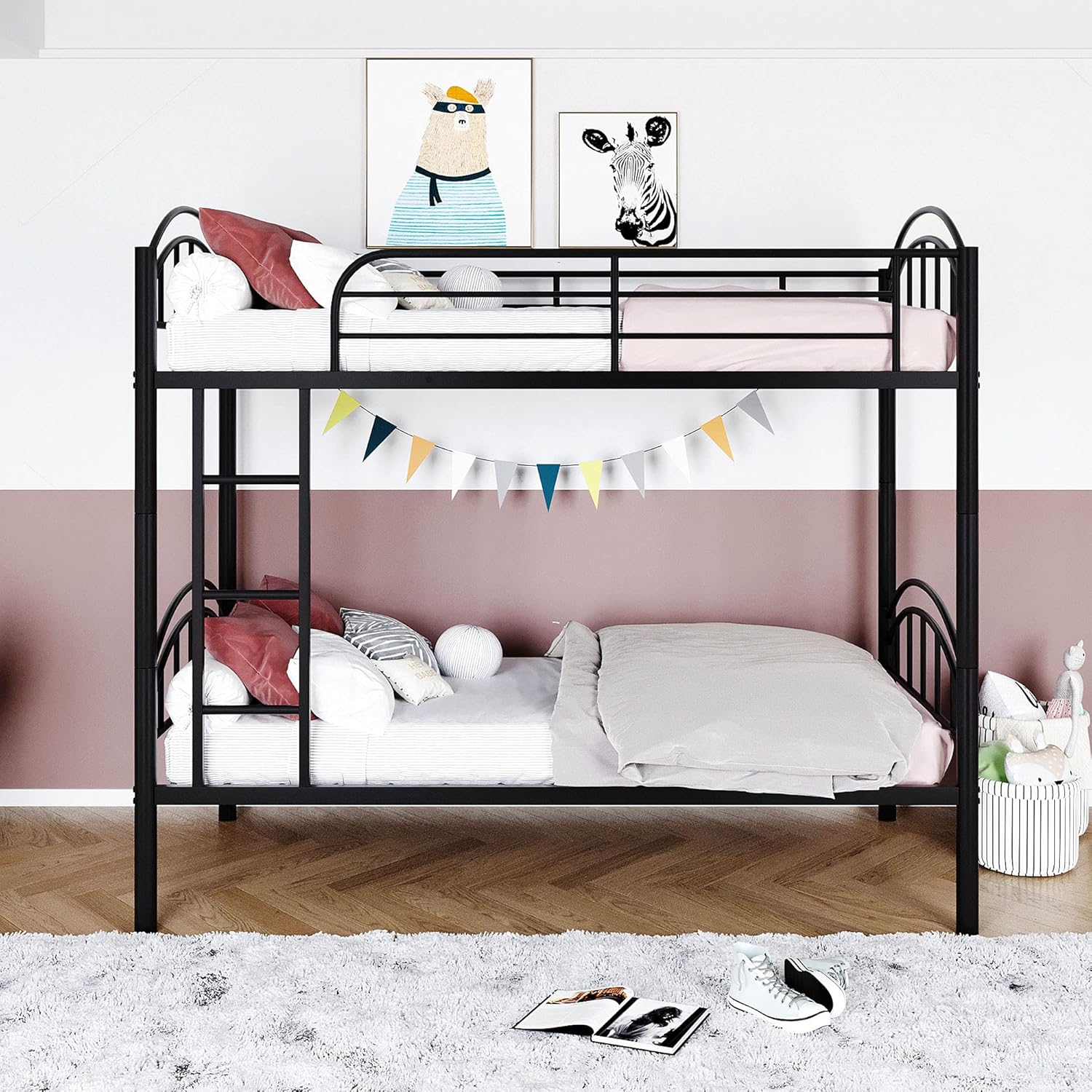 Rhomtree Twin-Over-Twin Metal Bunk Bed for Kids with Ladder and Safety Guard Rails, , Divided into Two Beds, Solid Metal Bunk Beds for Kids, Teens Bedroom Bunk Bed (Black)