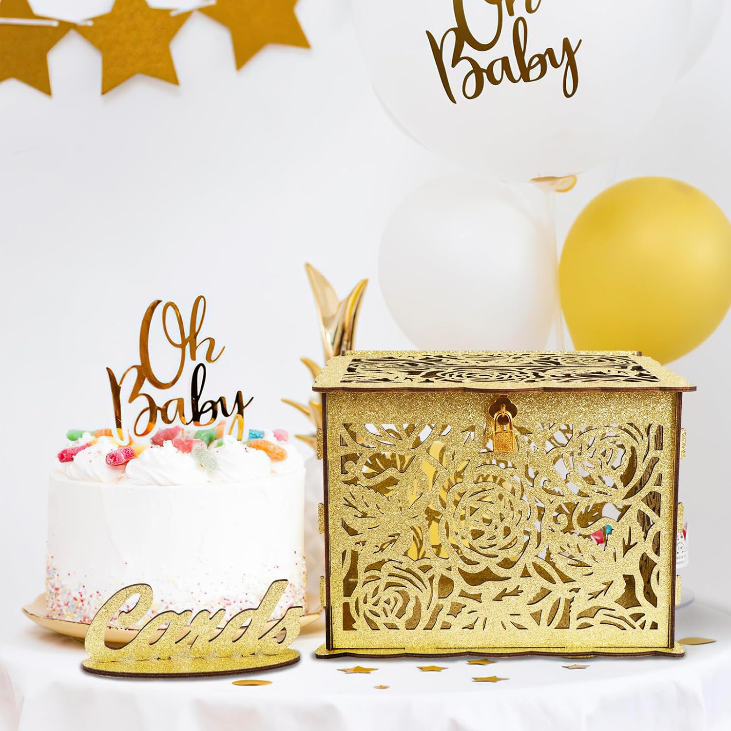 OurWarm Glittery Gold Wedding Card Box with Lock, Wood Gift Card Box for Reception, Money Honeymoon Fund Card Boxes for Baby Shower, Birthday, Graduation Party Rustic Wedding Decorations