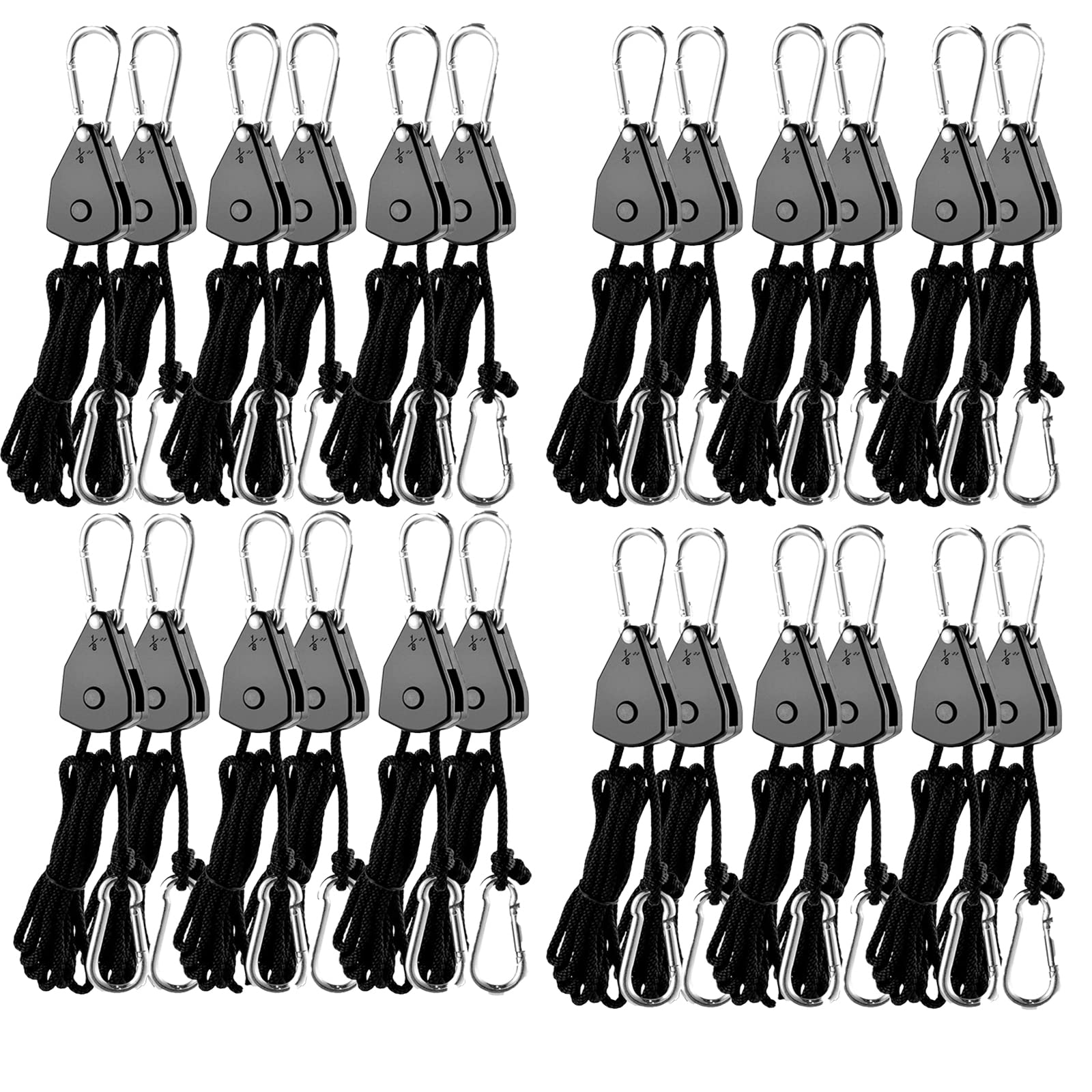 Grow Light Rope Hanger ，1/8" 8-Feet Long Heavy Duty Adjustable Rope Clip Hanger, Adjustable Rope Ratchet Hangers 150 Lbs per Pair (12 Pairs)