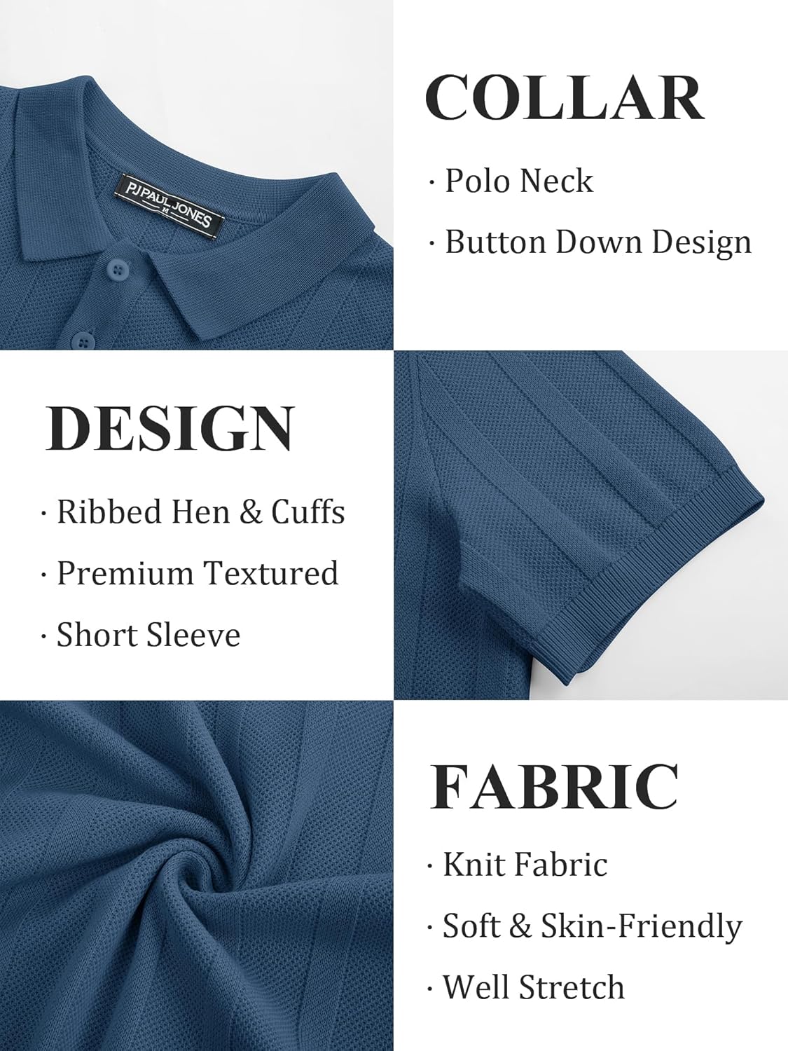 PJ PAUL JONES Mens Polo Shirts Short Sleeve Textured Knit Polo Shirt Ribbed Casual Golf Shirts - Image 5