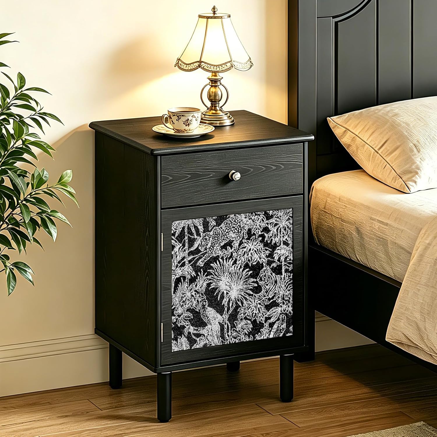 Black Wood Mid-Century Modern Nightstand, Bedside Table with Drawer and Cabinet, Side Table with Storage for Bedroom Living Room, 16"x16"x24"