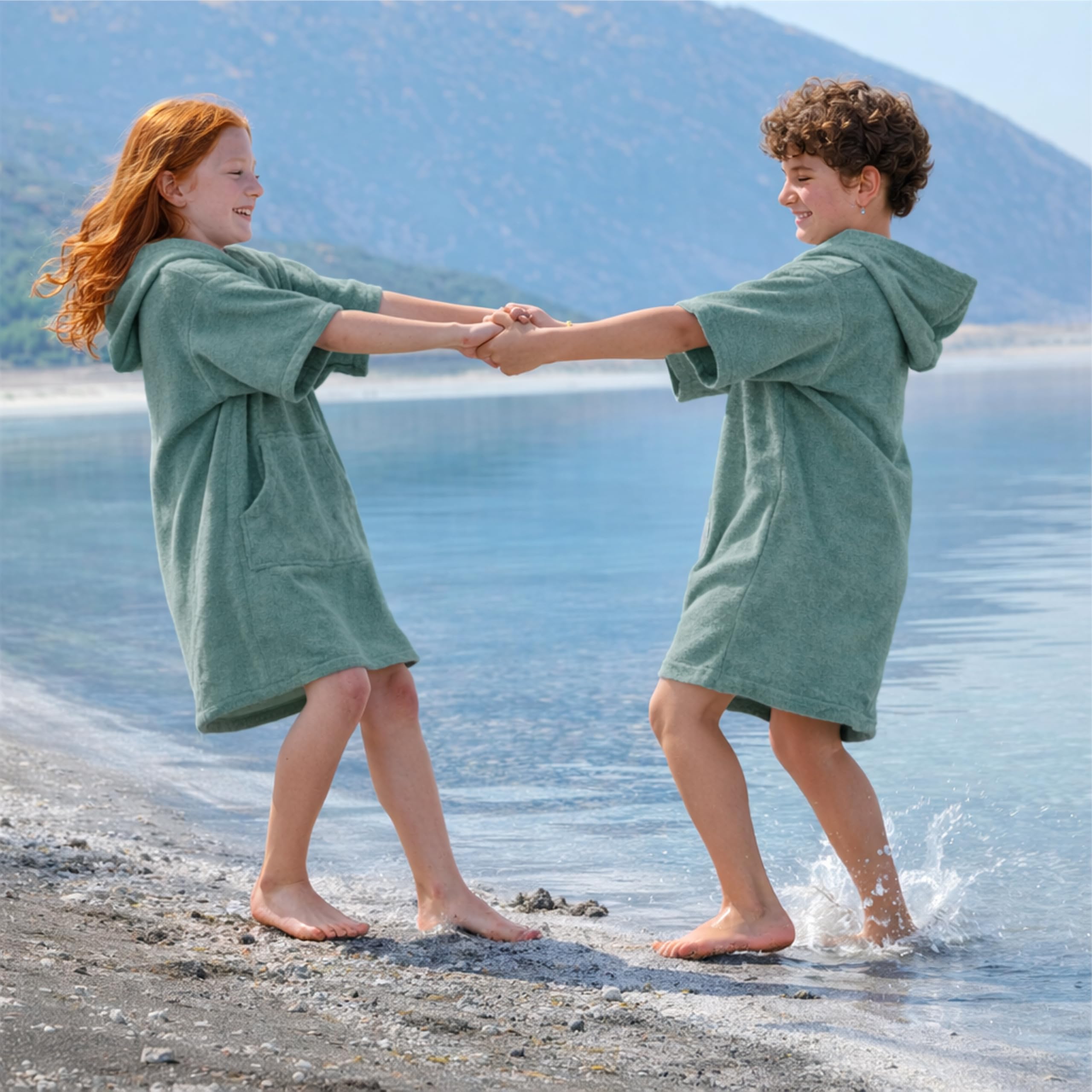 Frottee Badeponcho Kinder Jungen - Mädchen Surf Poncho 100% Baumwolle Strandponcho Handtuch mit Kapuze Surfponcho Bademantel