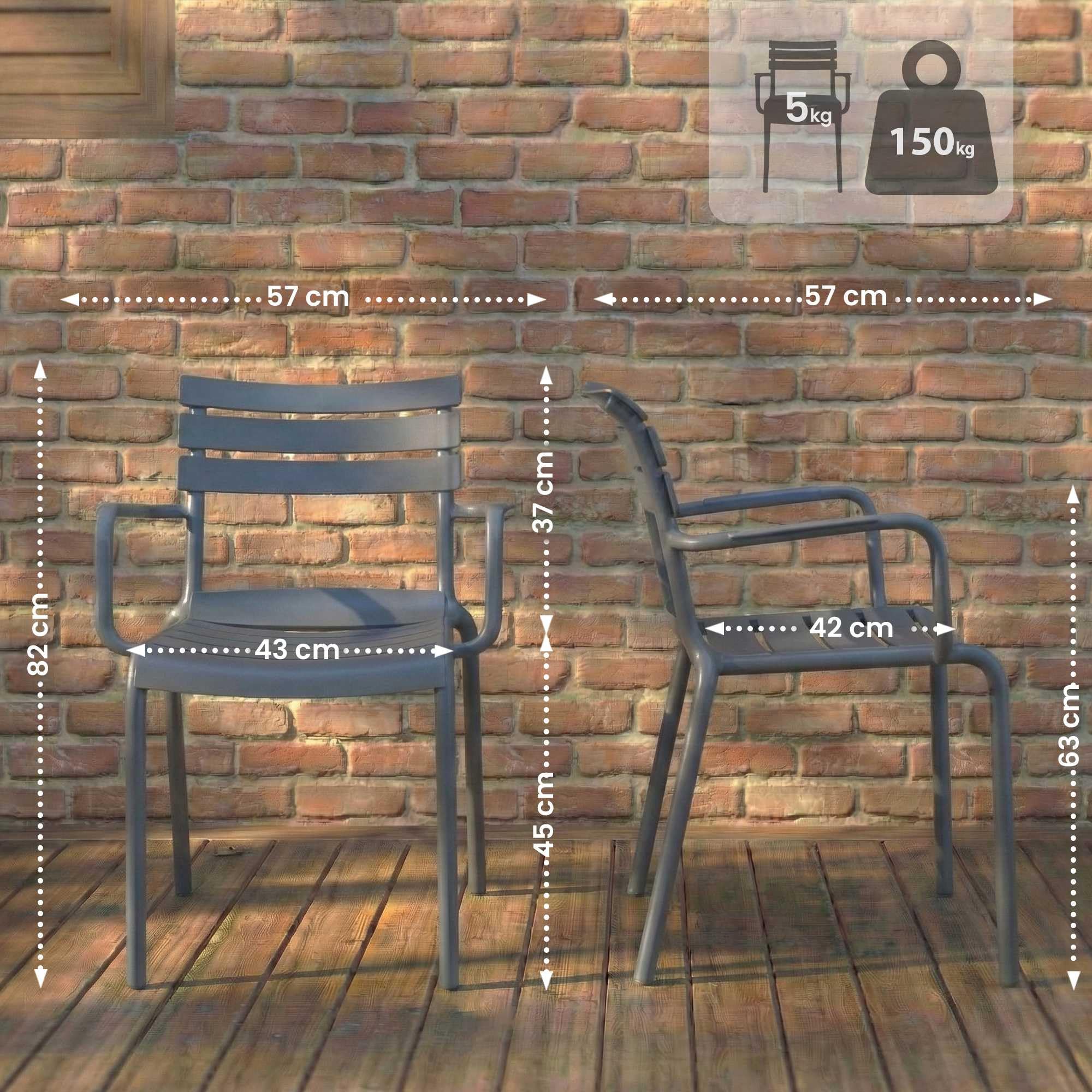 CLP Silla de Jardin apilable con reposabrazos Joliya, Silla de Exterior de Polipropileno Resistente a la Intemperie y a los Rayos UV Color:Gris Oscuro