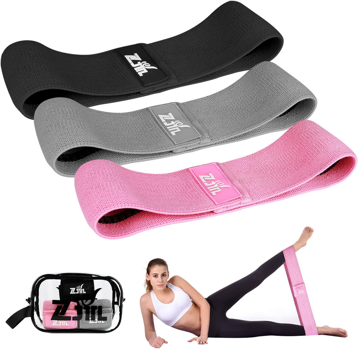 Resistance Bands, Strength Booty Bands, Fabric Elastic Loop Exercise Bands, Fitness Hip Bands for Legs and Butt - with Workout Book & Carry Bag (Set of 3)