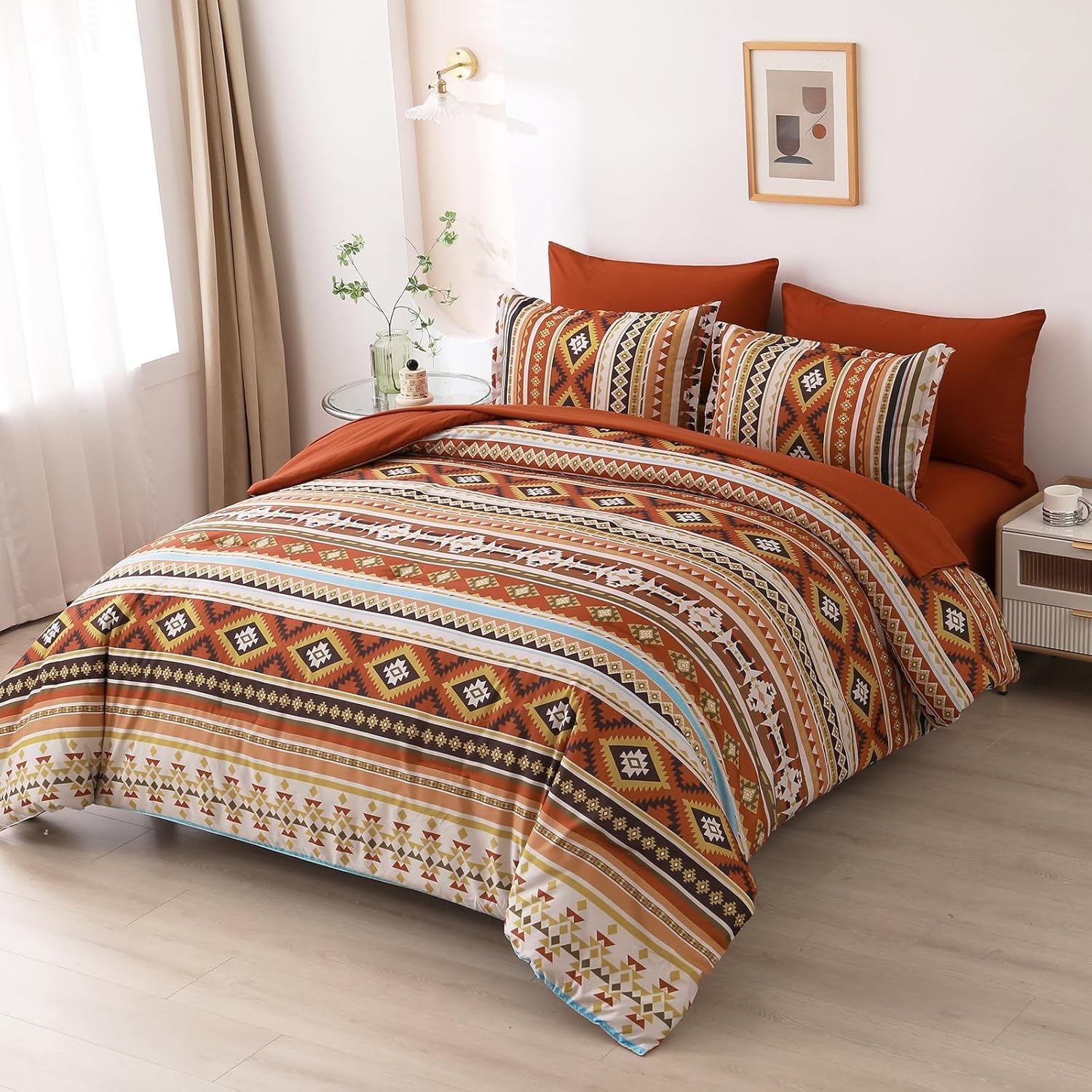 Dinjoy Queen Size Comforter Set Boho,Burnt Orange Bed in a Bag Queen Striped Bedding Sets Fall Terracotta Comforters with Sheets 7 Pieces Complete Set Aztec for All Season 90"x90" - Image 7